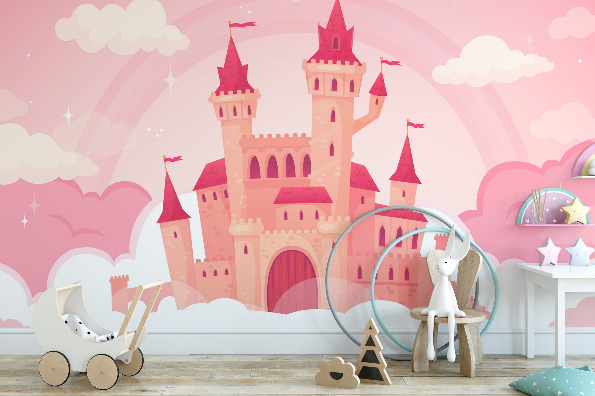 Cute Cartoon Castle in Pink Clouds Wallpaper - Giffywalls