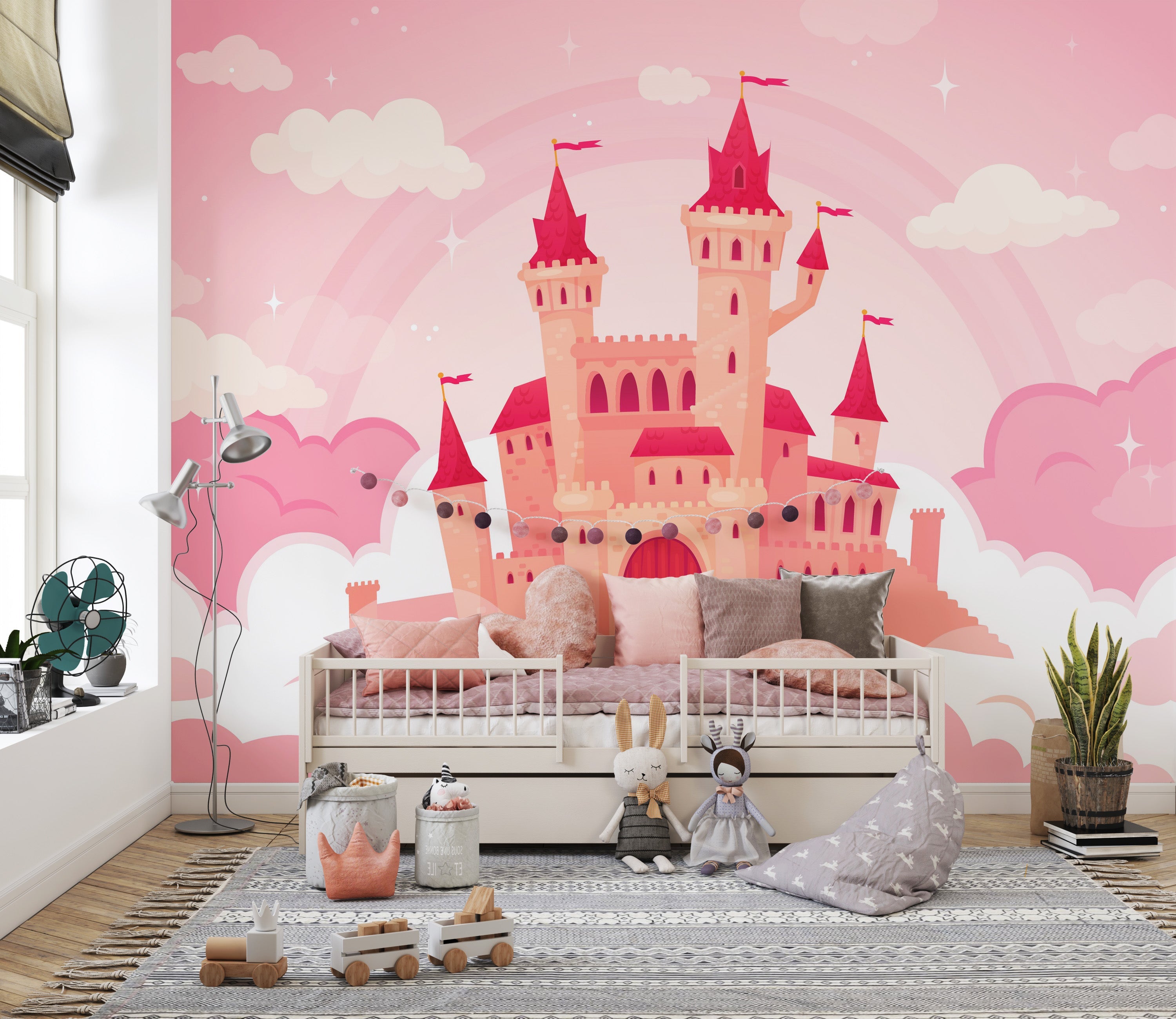 Cute Cartoon Castle in Pink Clouds Wallpaper - Giffywalls