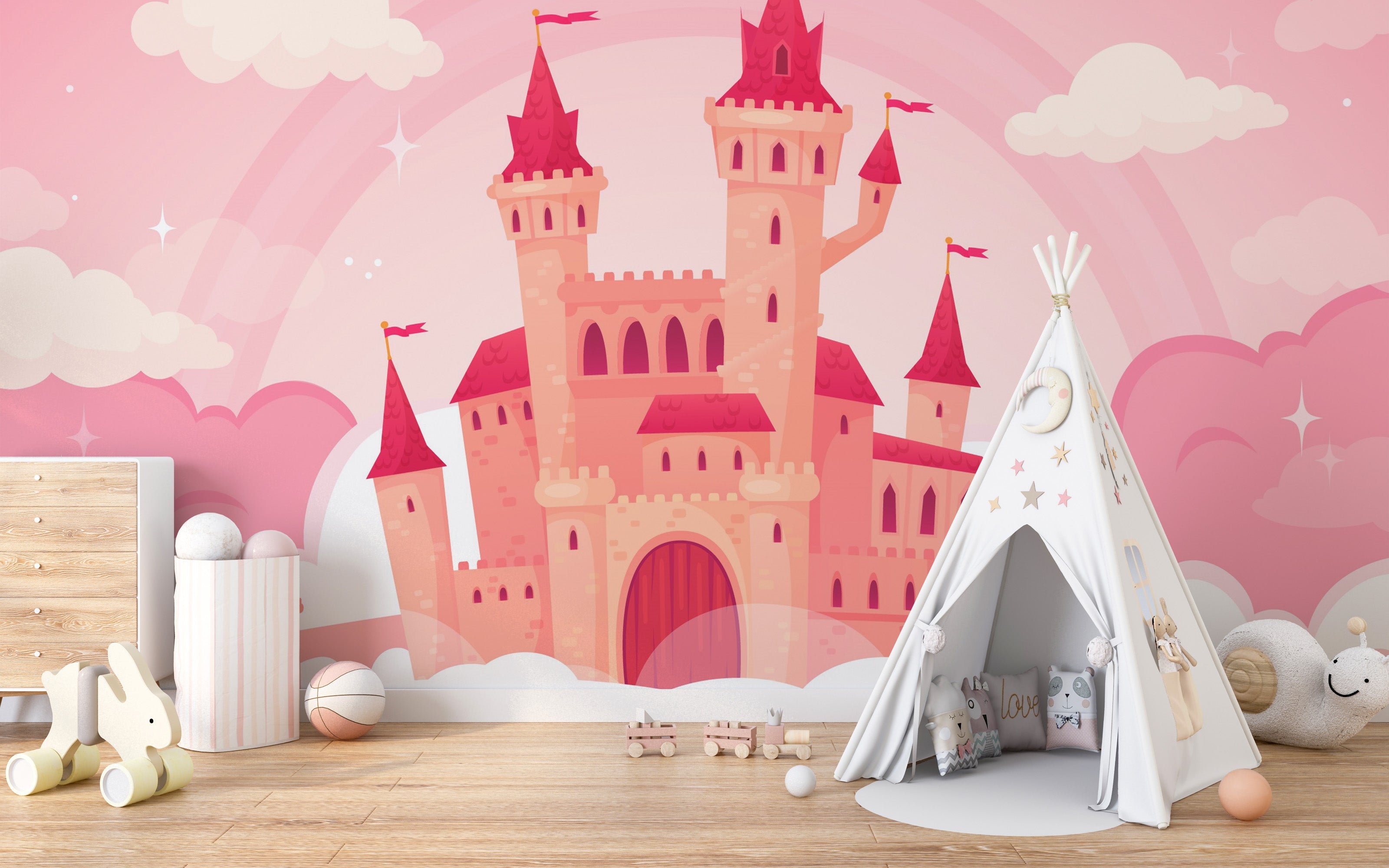 Dreamy fairytale castle in pastel pink wallpaper design.