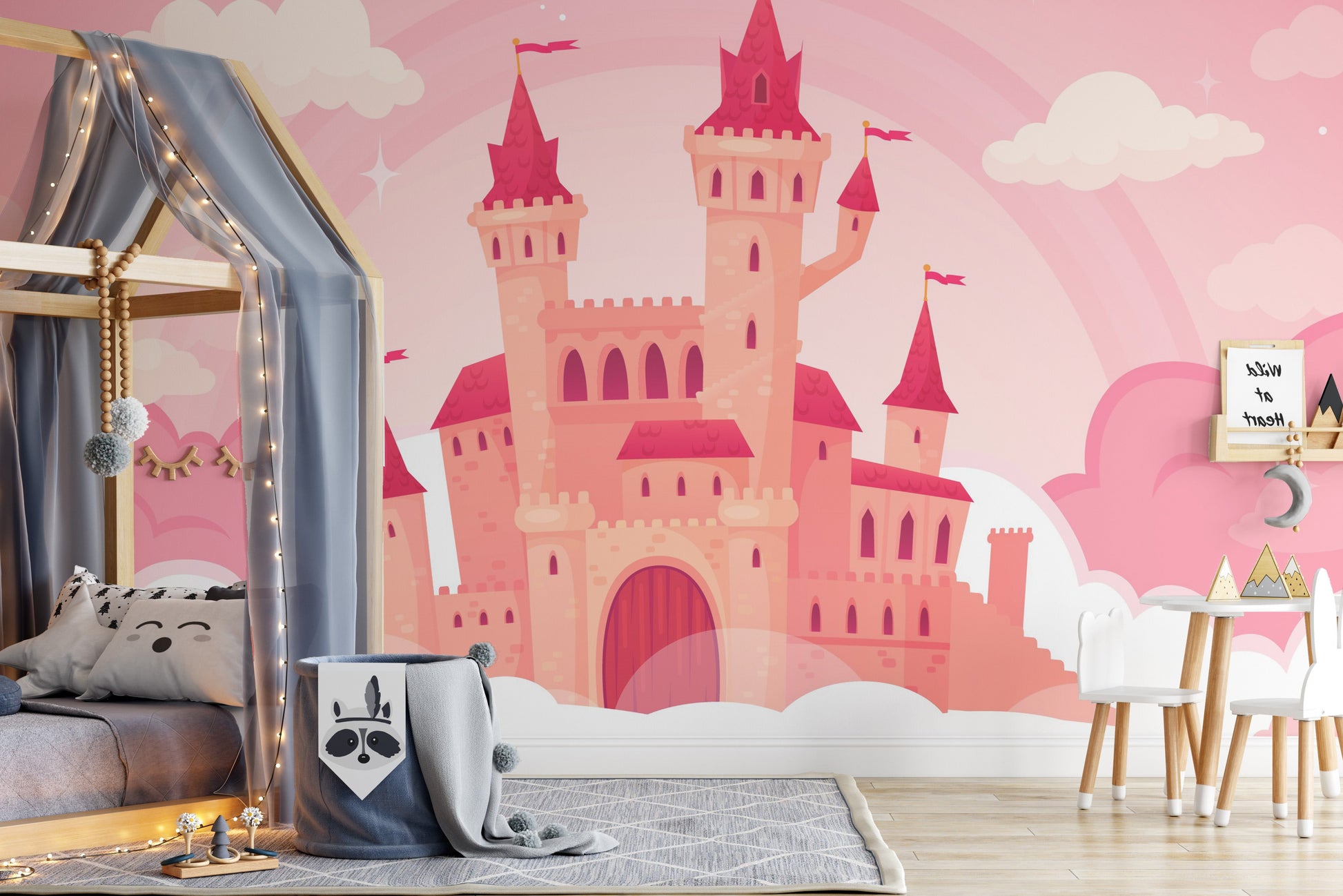 Fairytale pink castle in the clouds wallpaper.