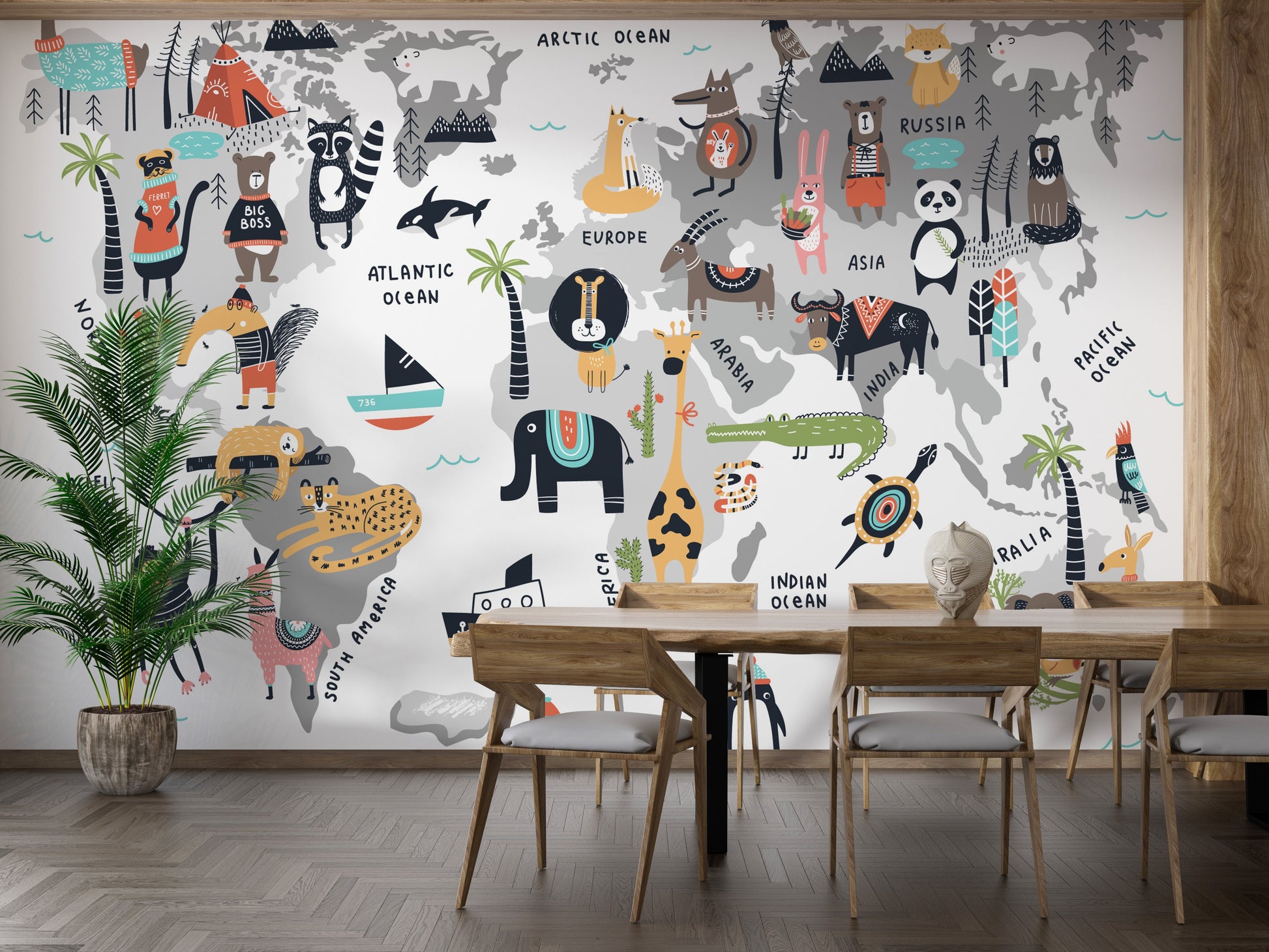 Kids' Animal World Map Wallpaper with cute illustrations.