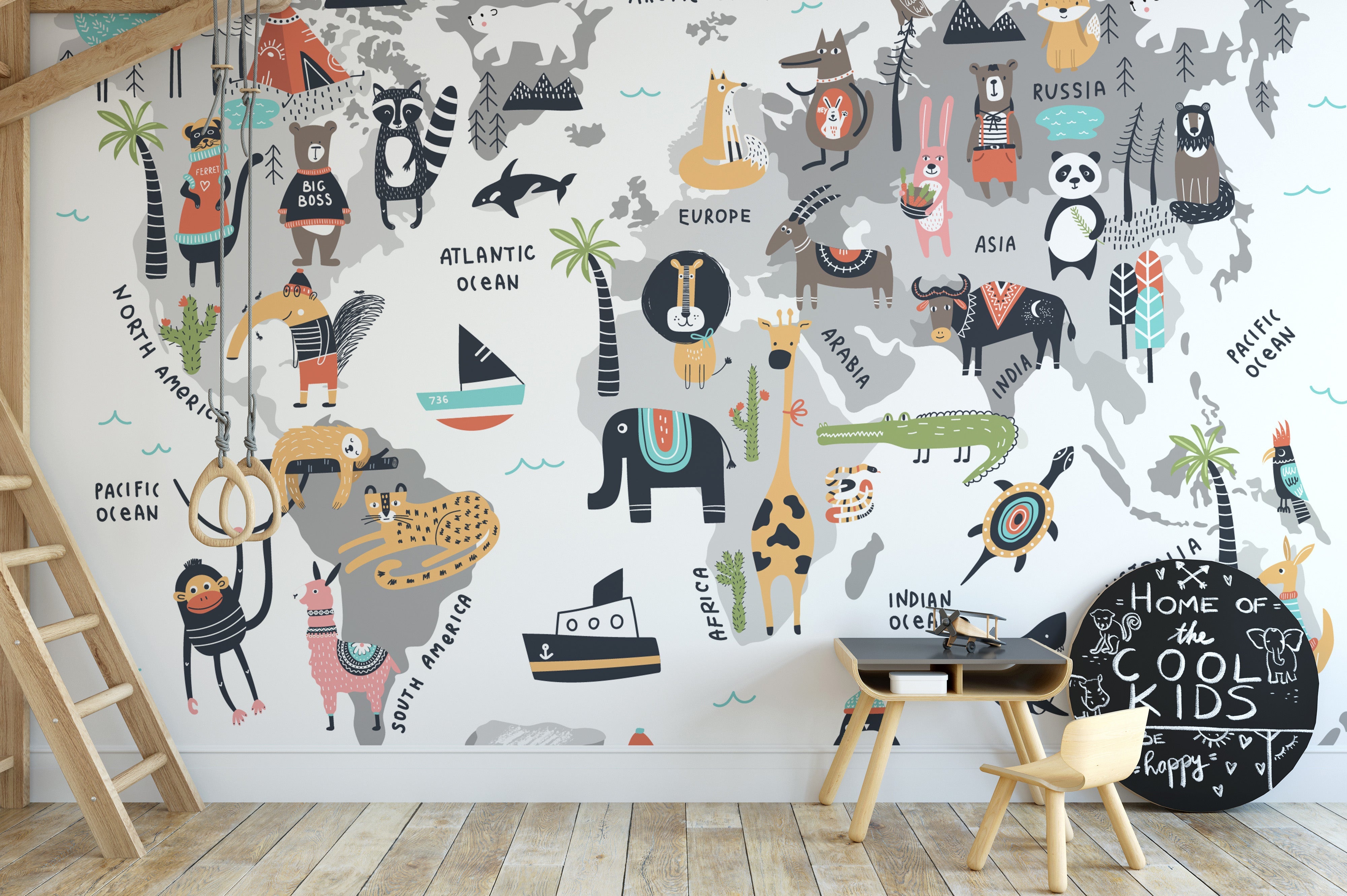 Scandinavian-style Animal World Map Wallpaper.