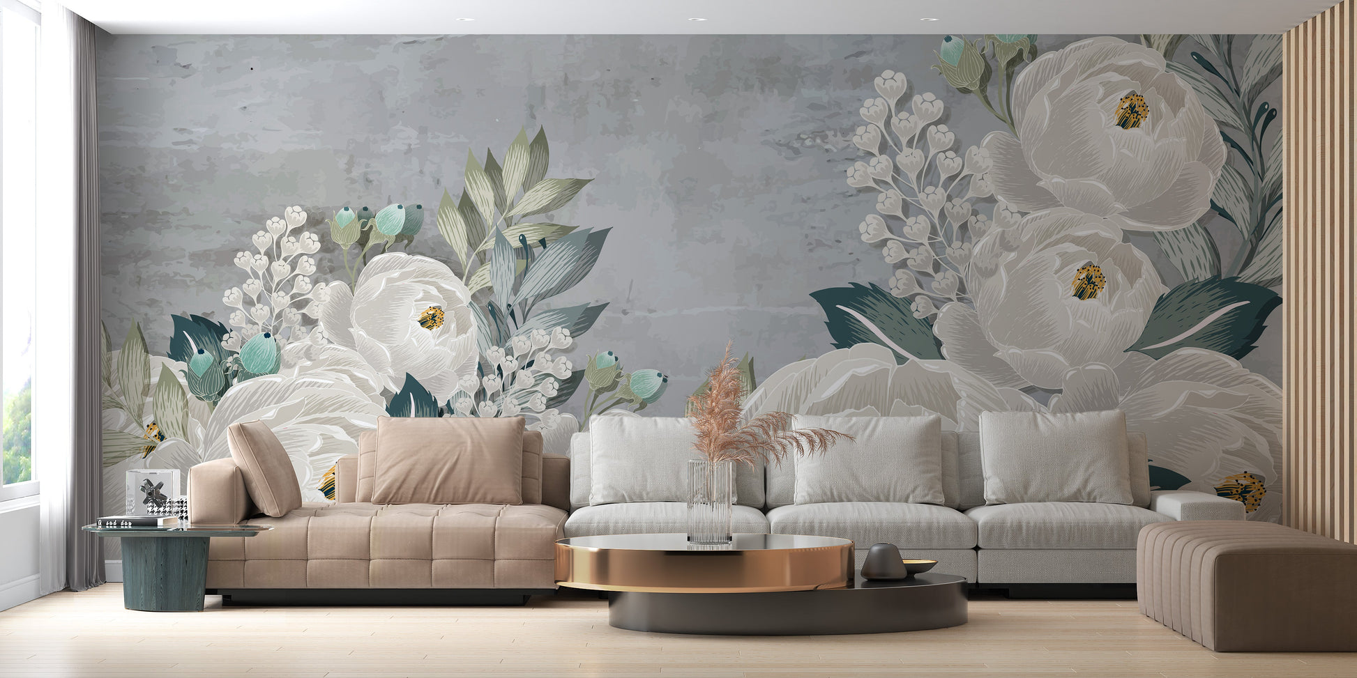 Elegant gray peonies on grunge wallpaper for bedroom