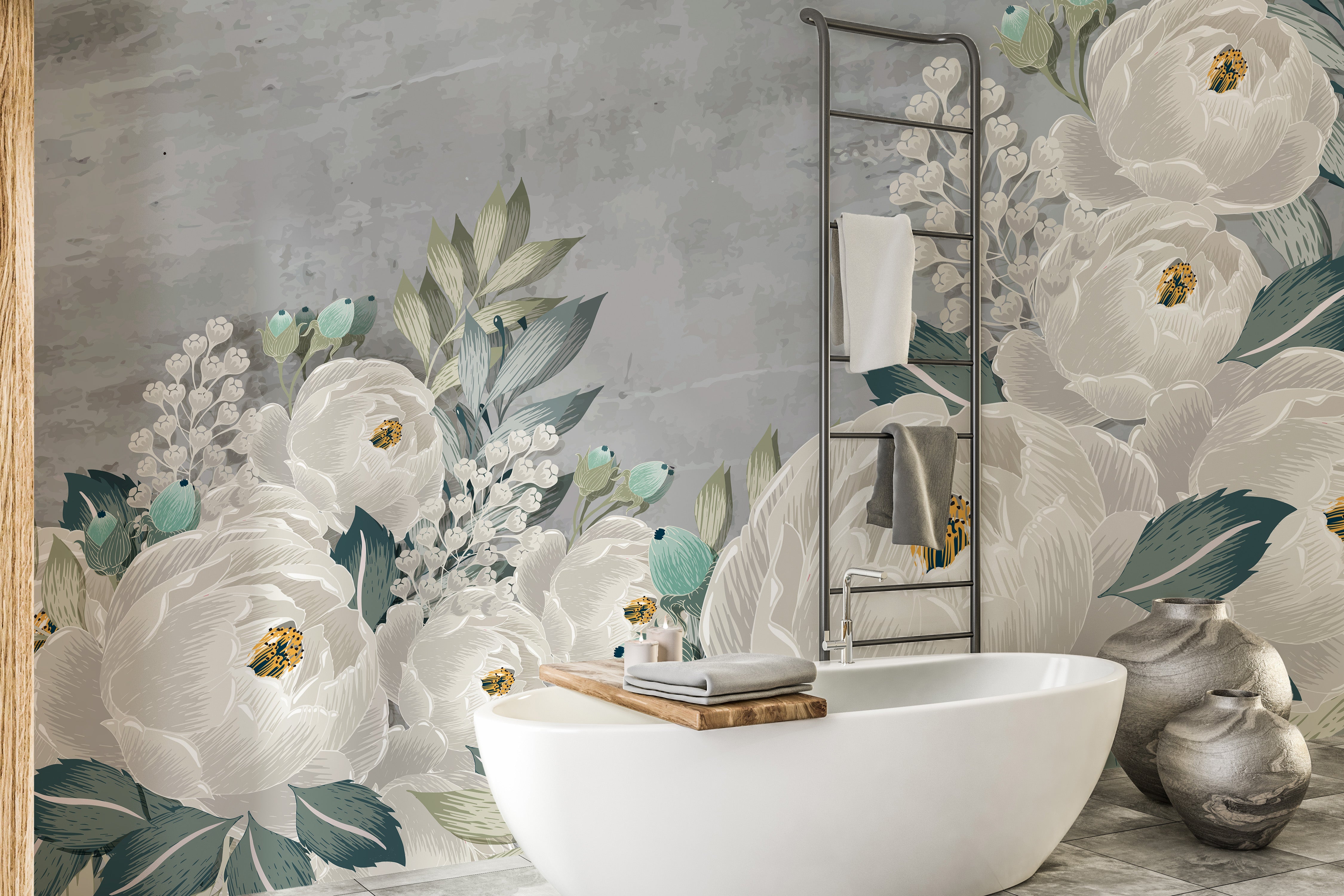 Artistic peonies wallpaper in gray for a sophisticated look.