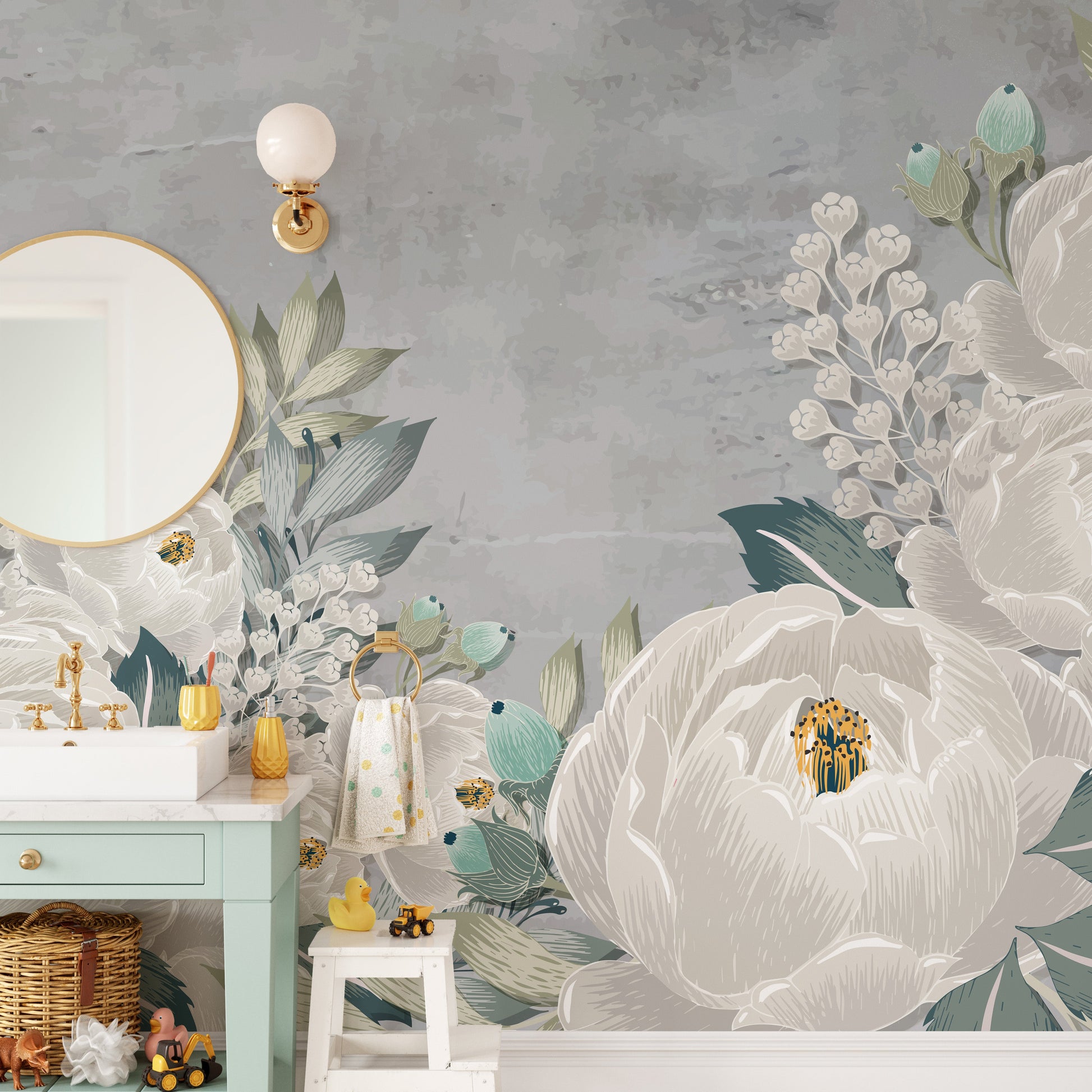 Drawn gray peonies on gray grunge wallpaper - Giffywalls