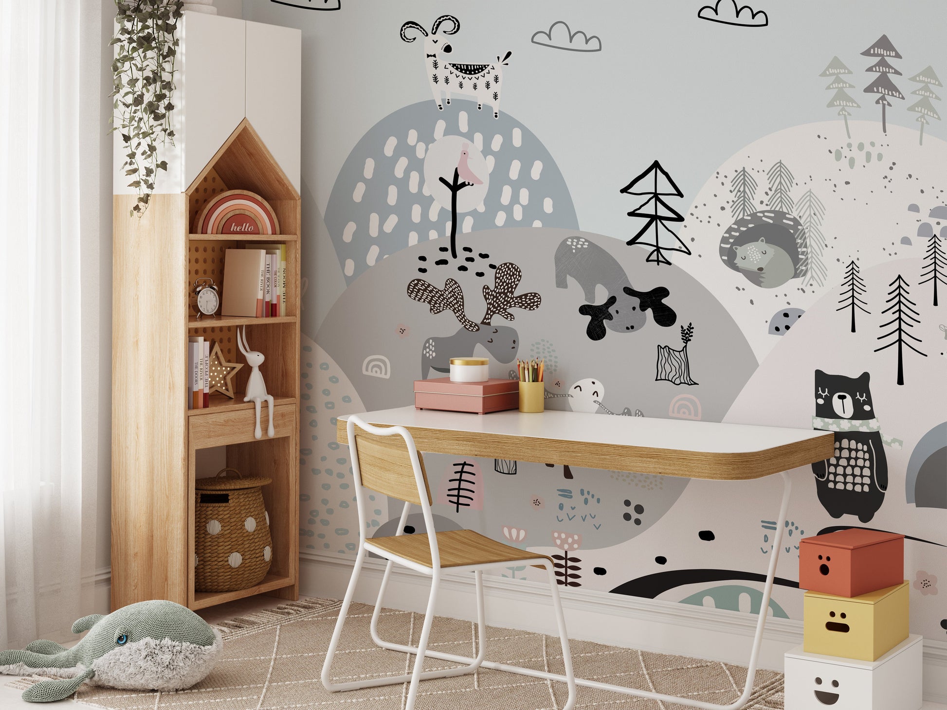 Adorable goat and rabbit on hills mural wallpaper