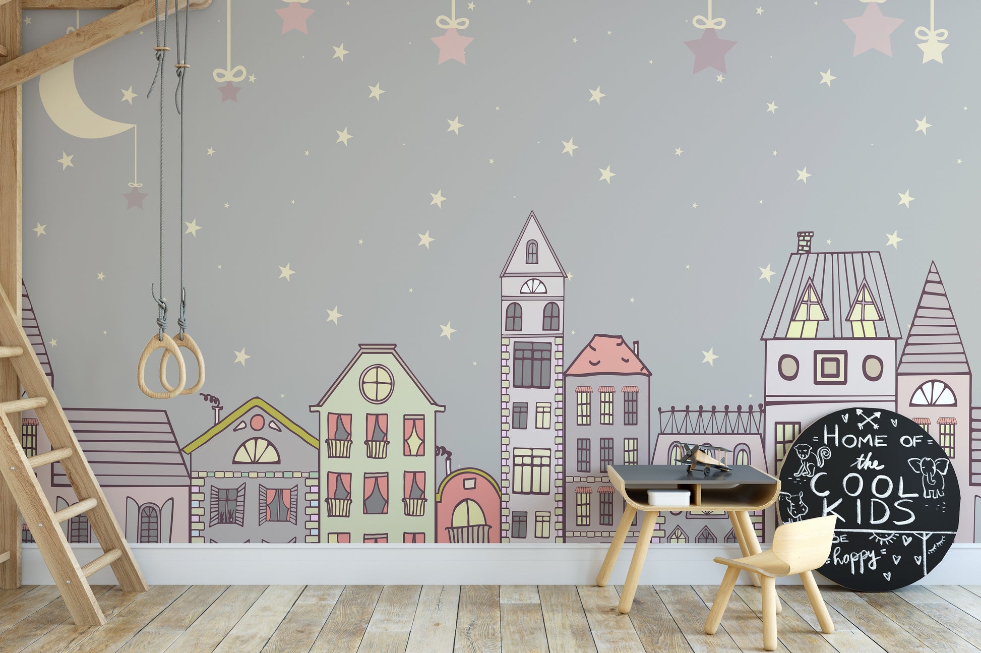 Charming cityscape wallpaper of cute houses under stars