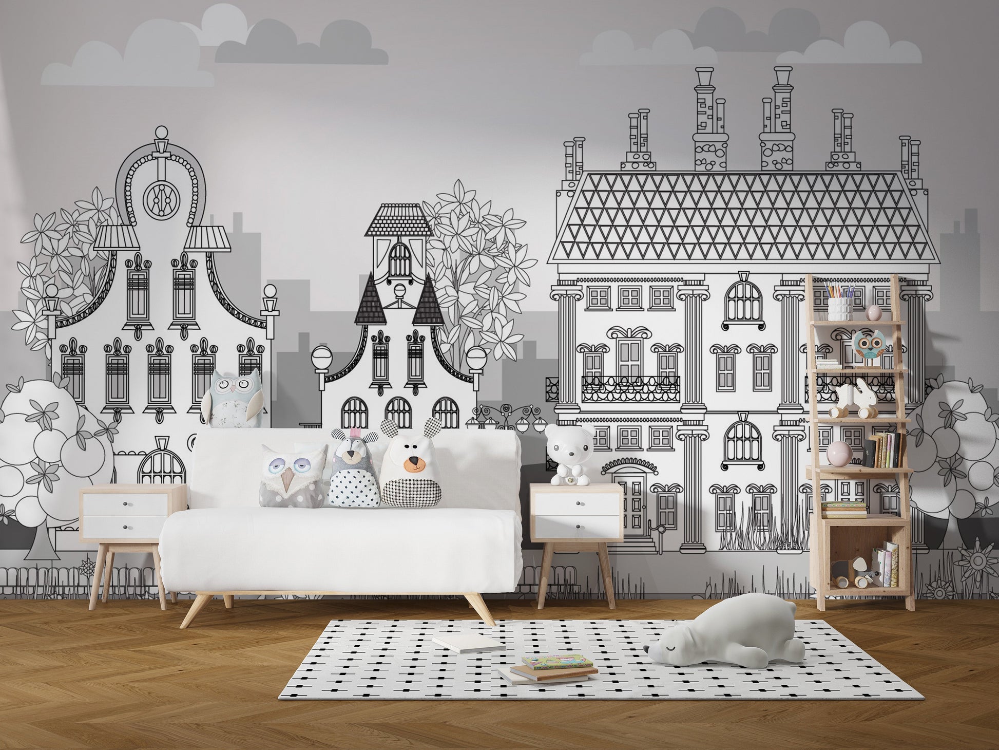 Doodle cityscape wallpaper for kids' creative rooms.