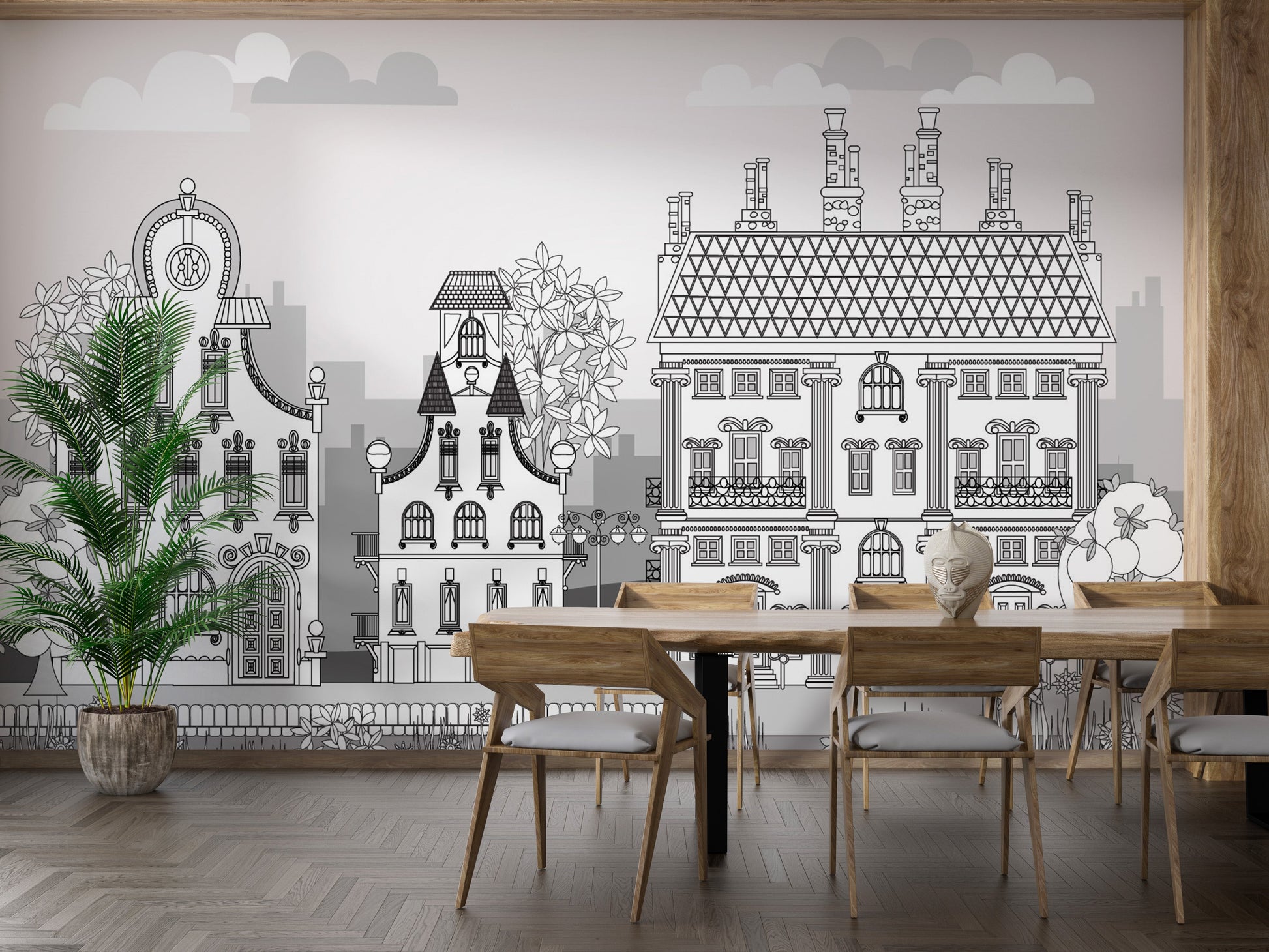 Kids city wallpaper mural with vintage town vibes.