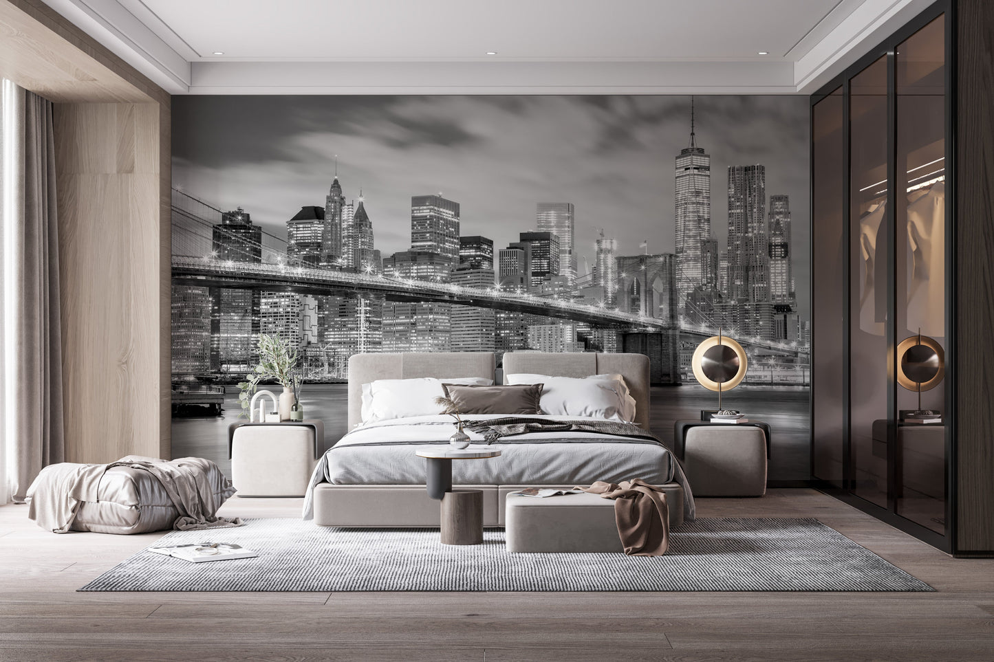 Night view Brooklyn Bridge wallpaper for modern decor.