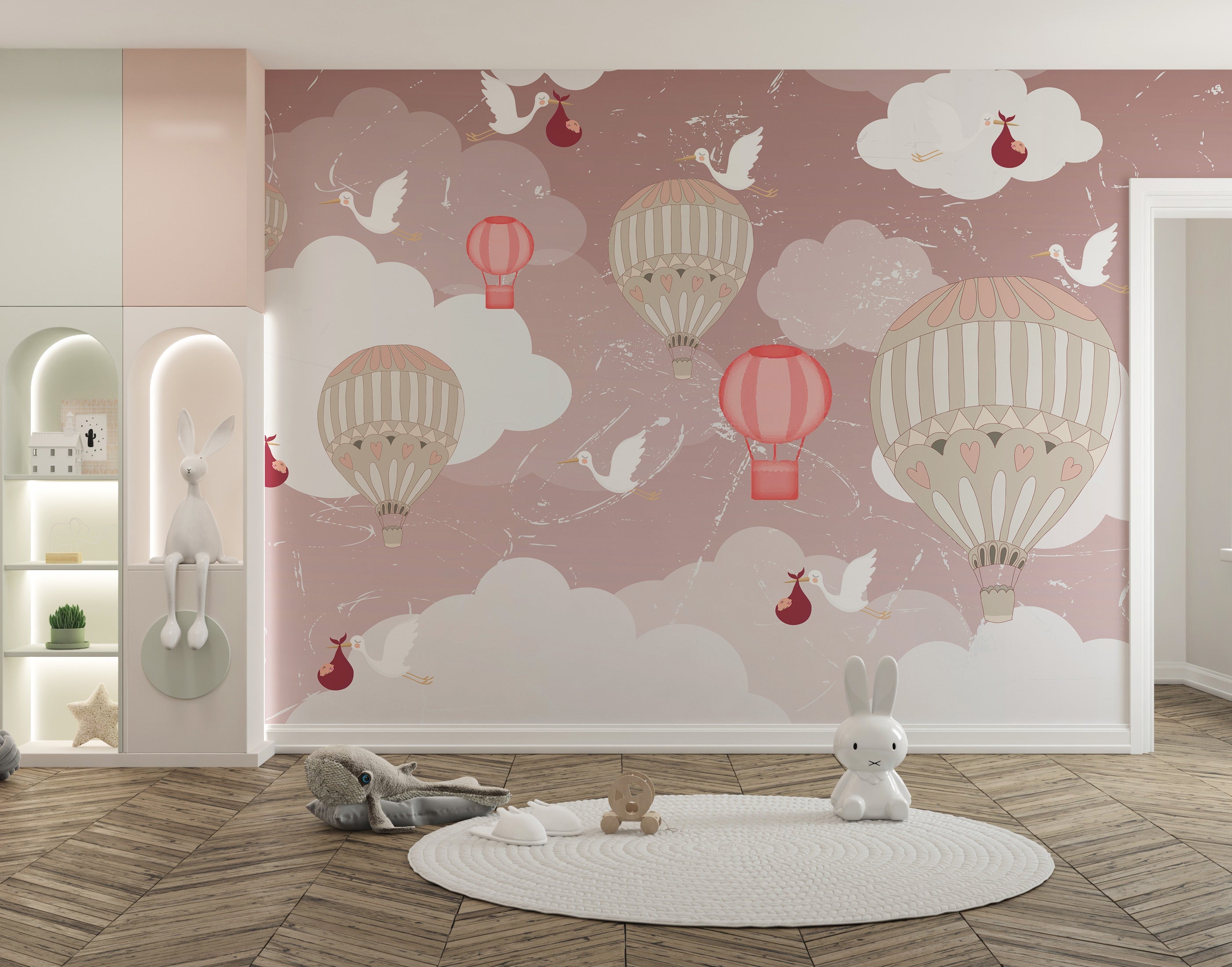 Pastel 3D wallpaper with hot air balloon and stork details.