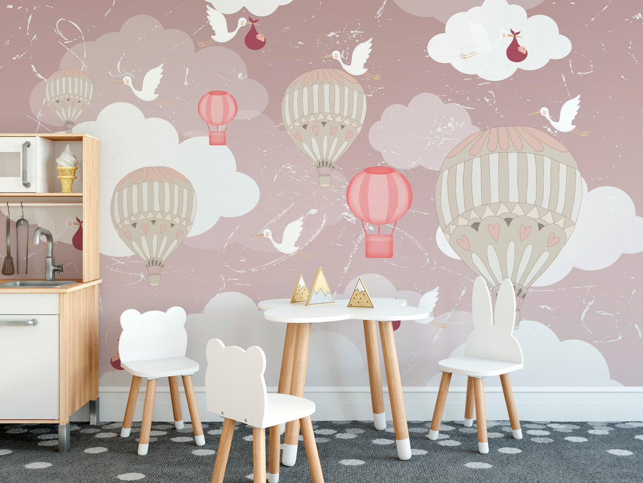 3D Hot Air Balloon Wallpaper with pastel clouds design.