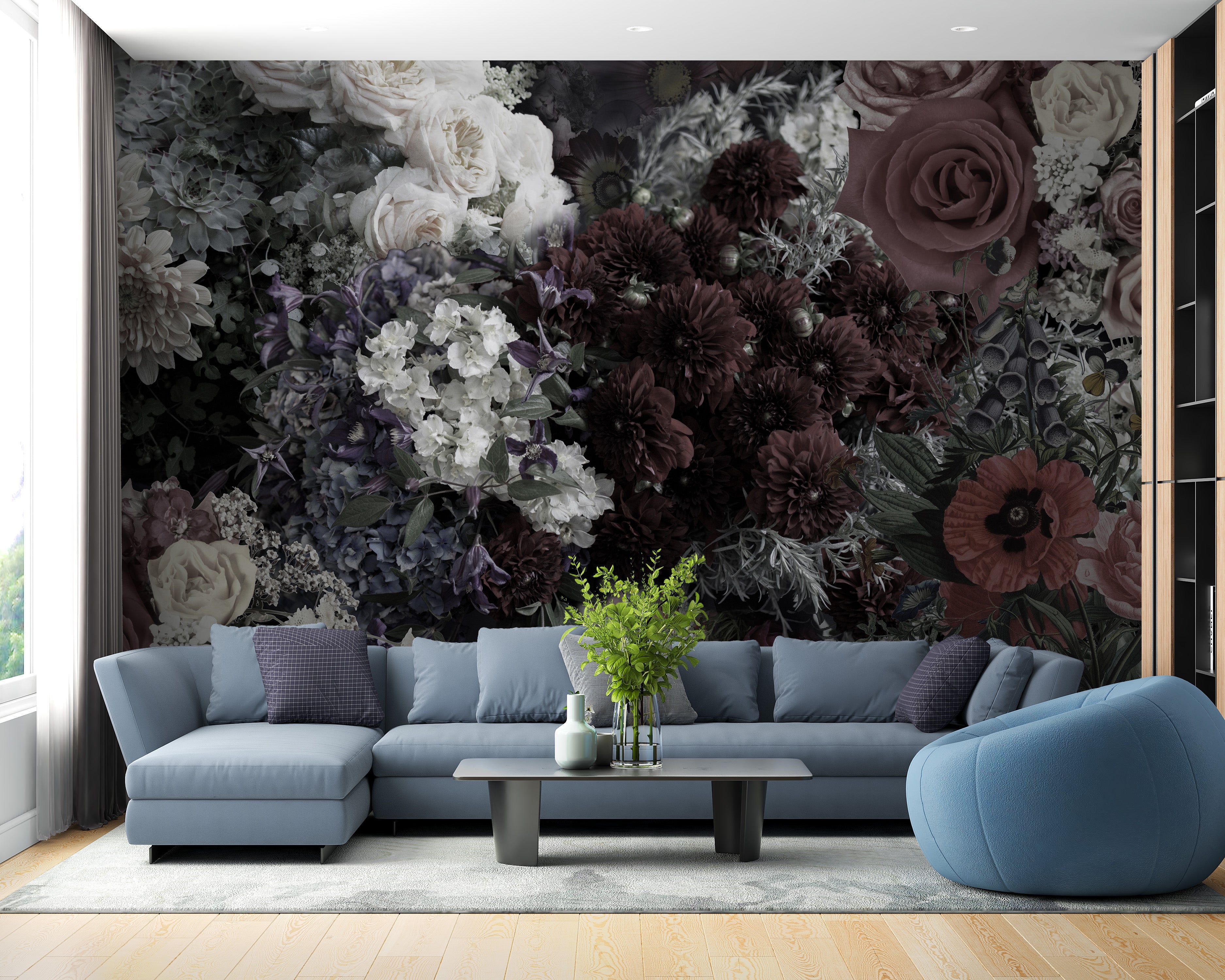 Luxurious dark floral wallpaper mural for statement walls