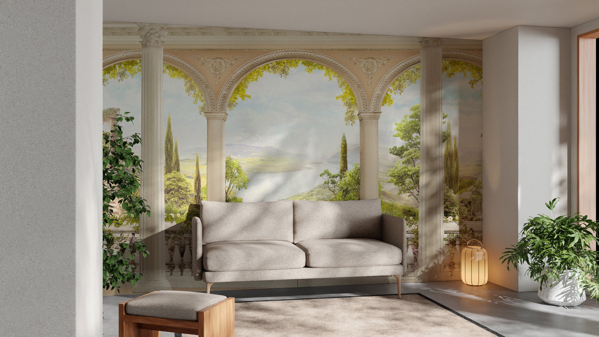 Classic vintage wallpaper featuring elegant balcony views