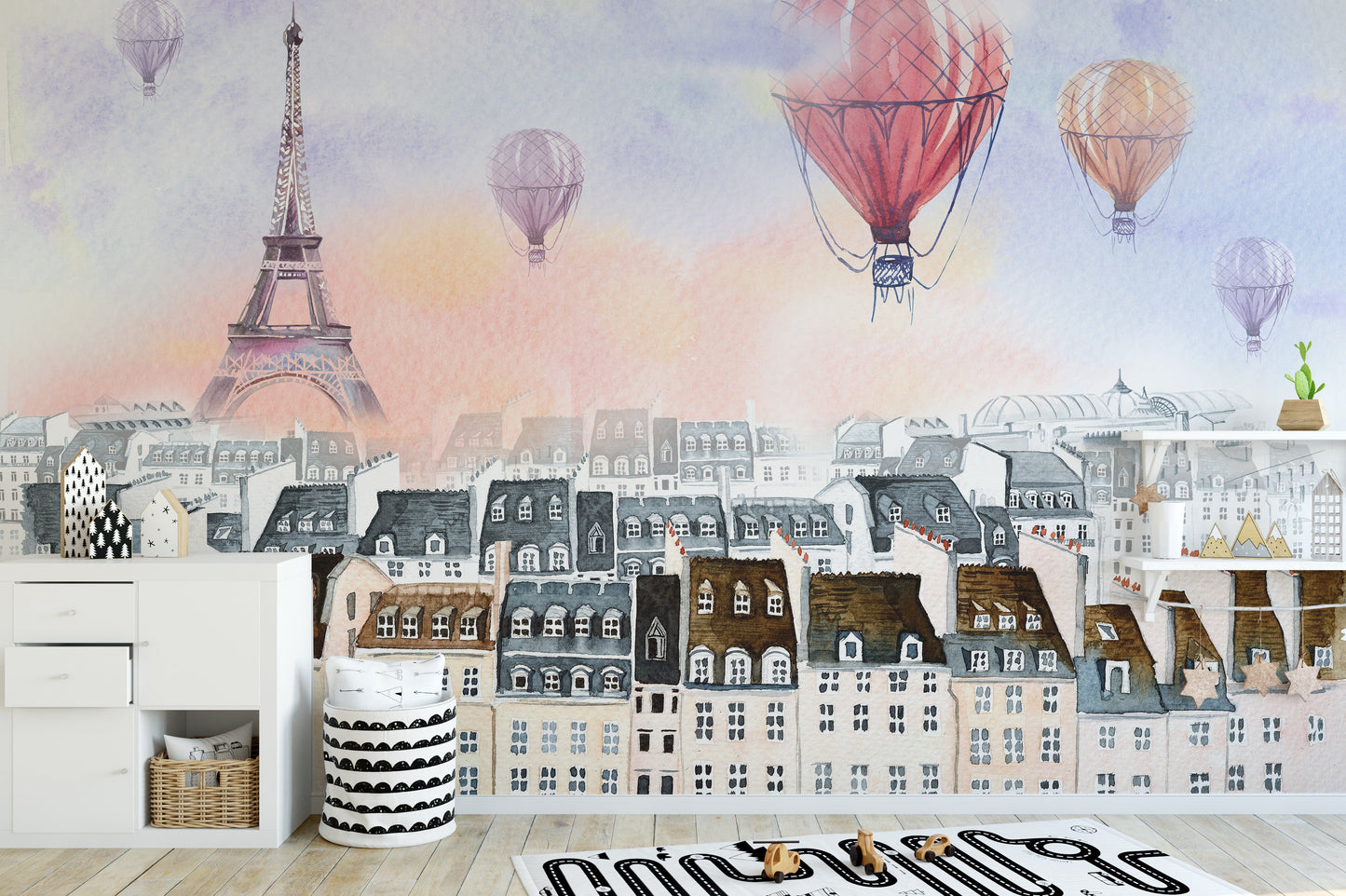 Hot air balloon Paris skyline wallpaper in watercolor art