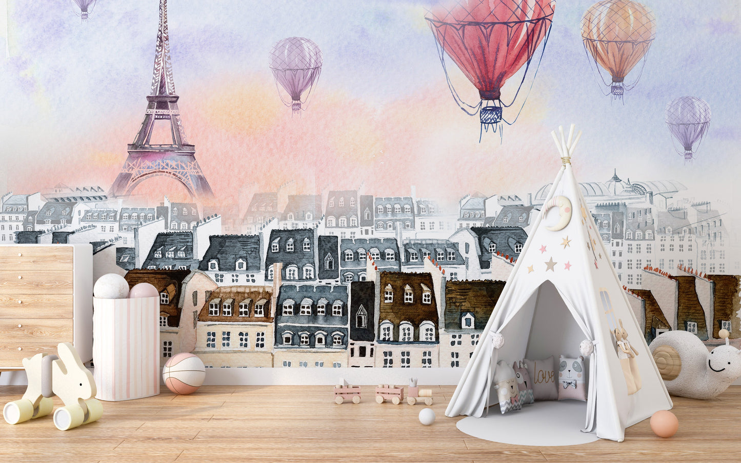 Eiffel Tower watercolor Paris wallpaper with balloons