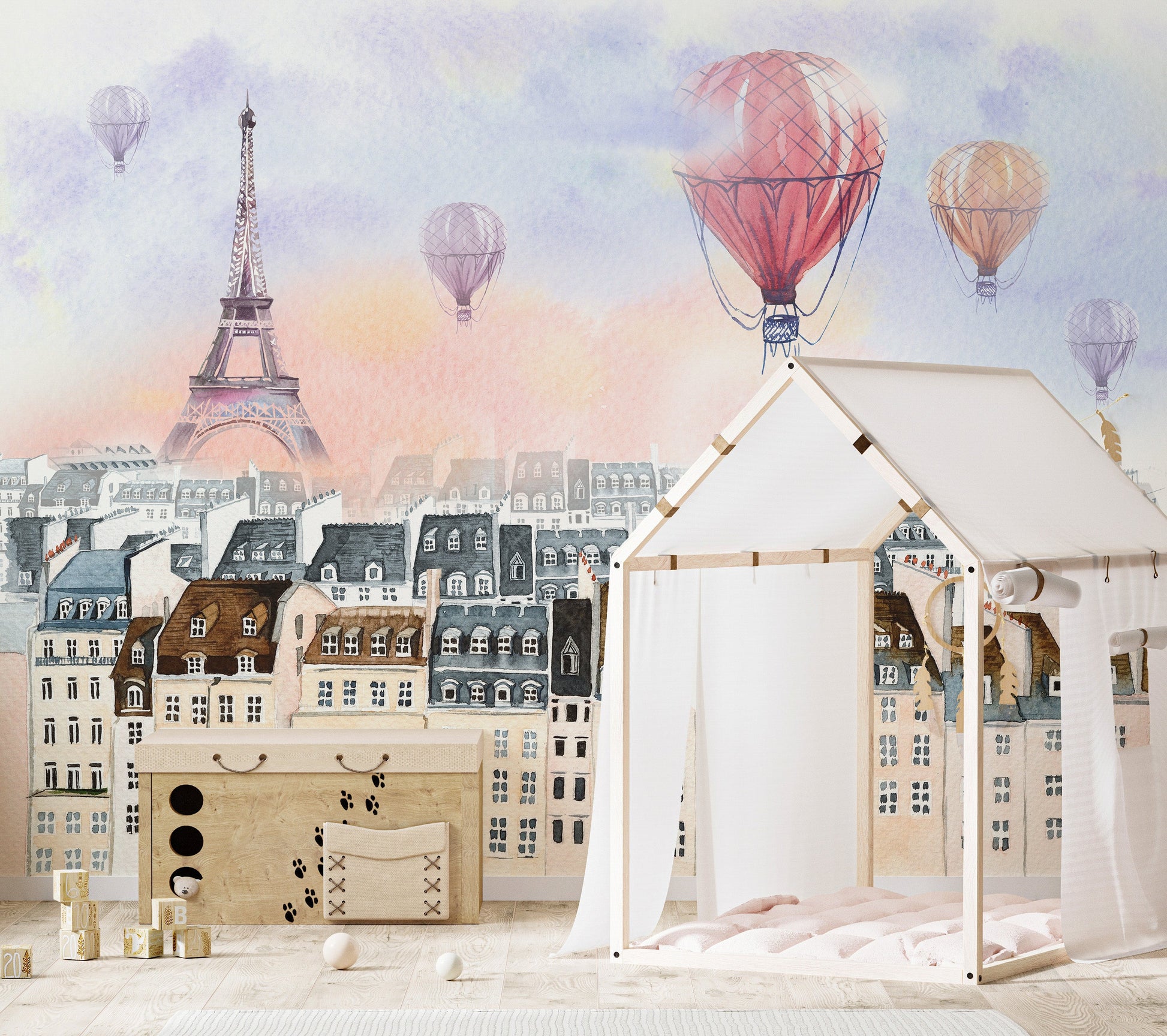 Watercolor Paris with hot air balloon Wallpaper Murals - Giffywalls