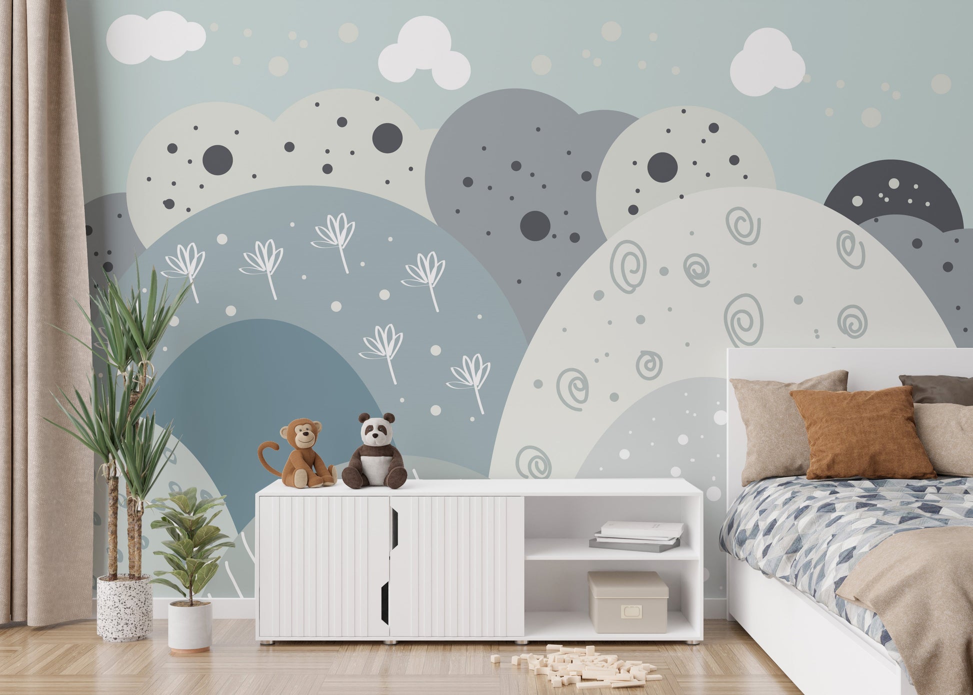 Scenic kids' wallpaper with mountain peaks