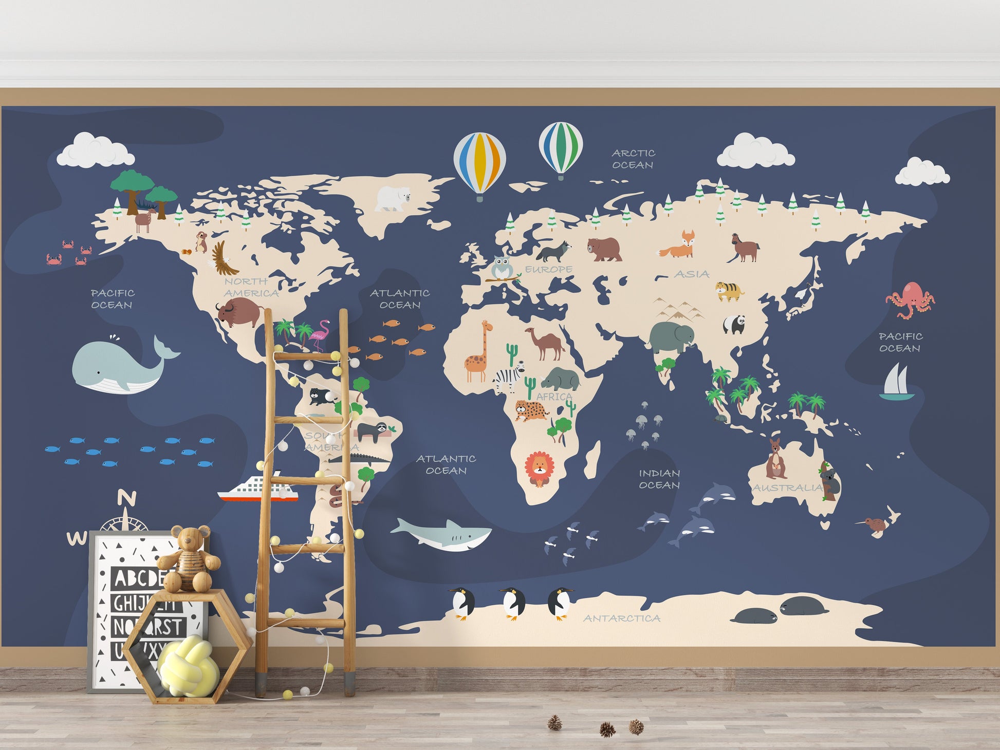 Kids World Map with Cartoon Wallpaper Mural - Giffywalls