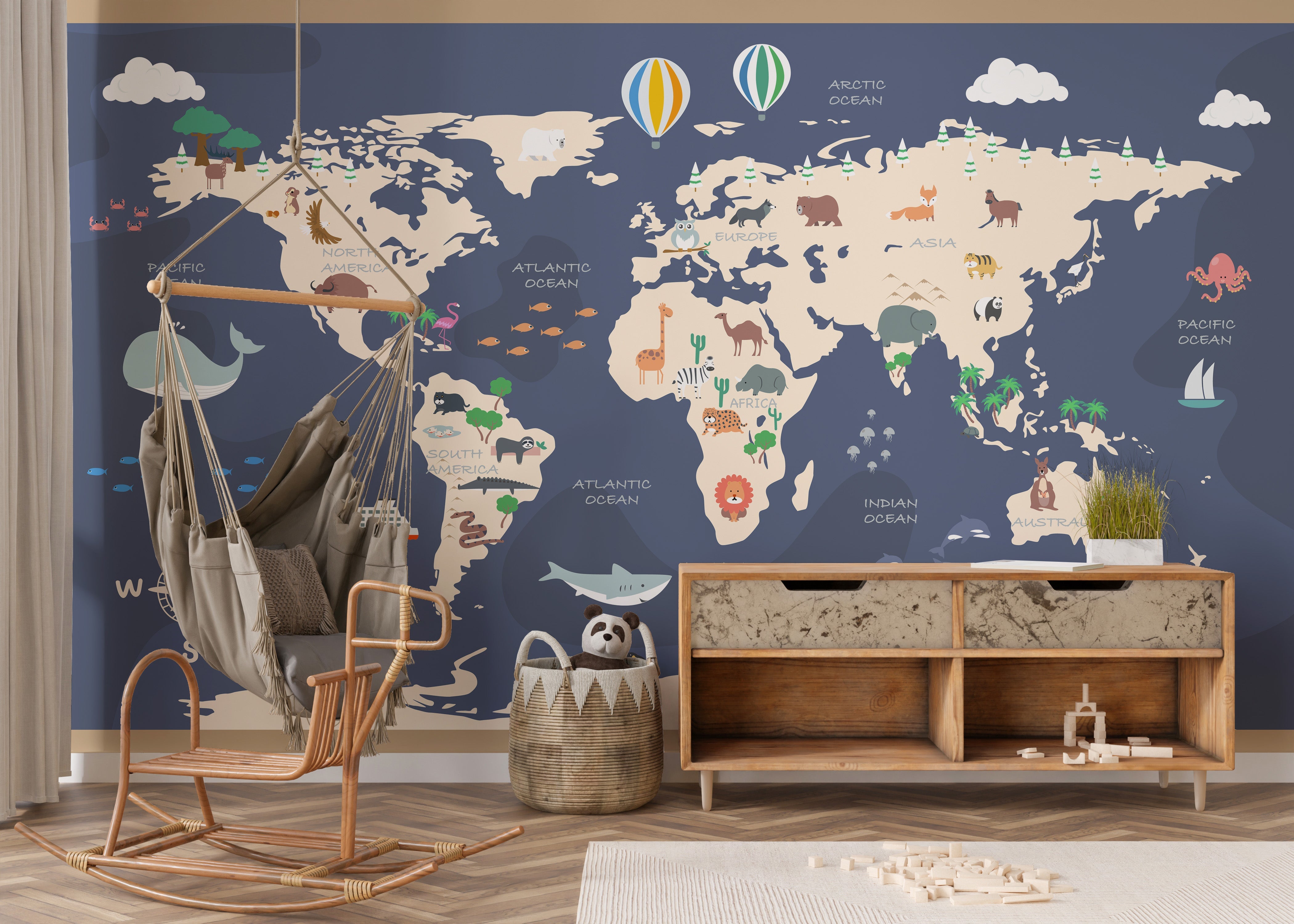 Kids World Map with Cartoon Wallpaper Mural - Giffywalls