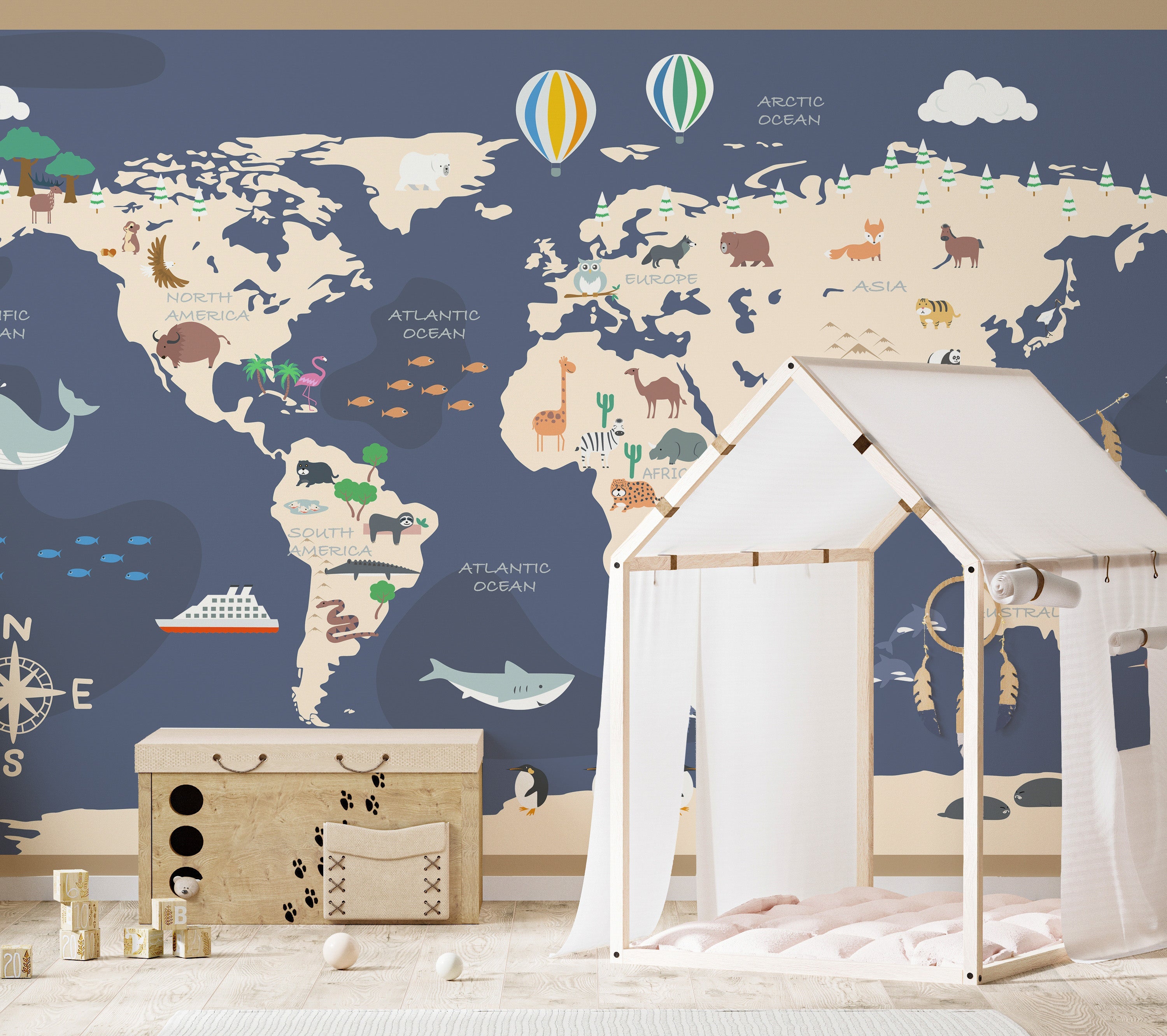 Kids World Map with Cartoon Wallpaper Mural - Giffywalls