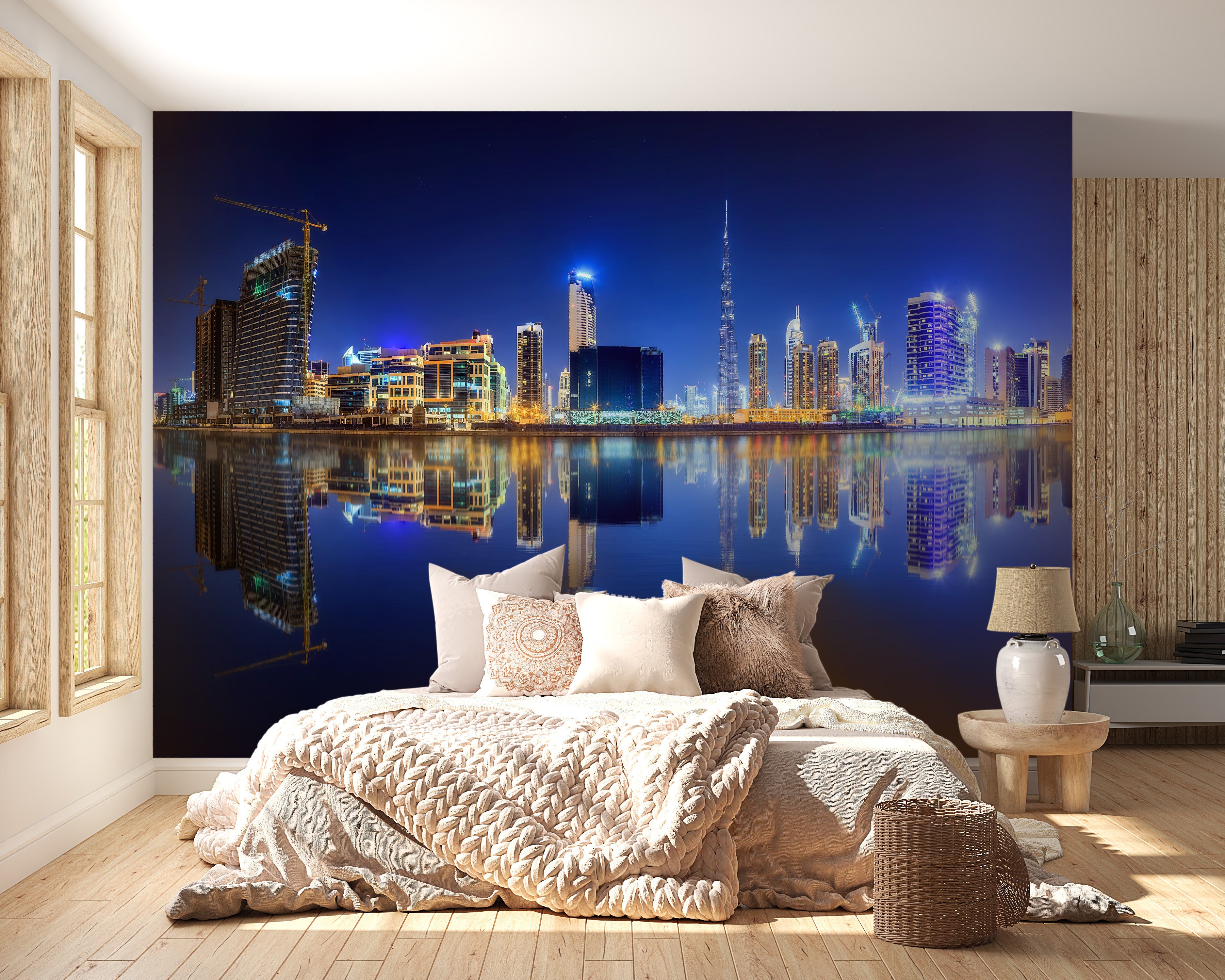 Panoramic Dubai skyline with bright lights