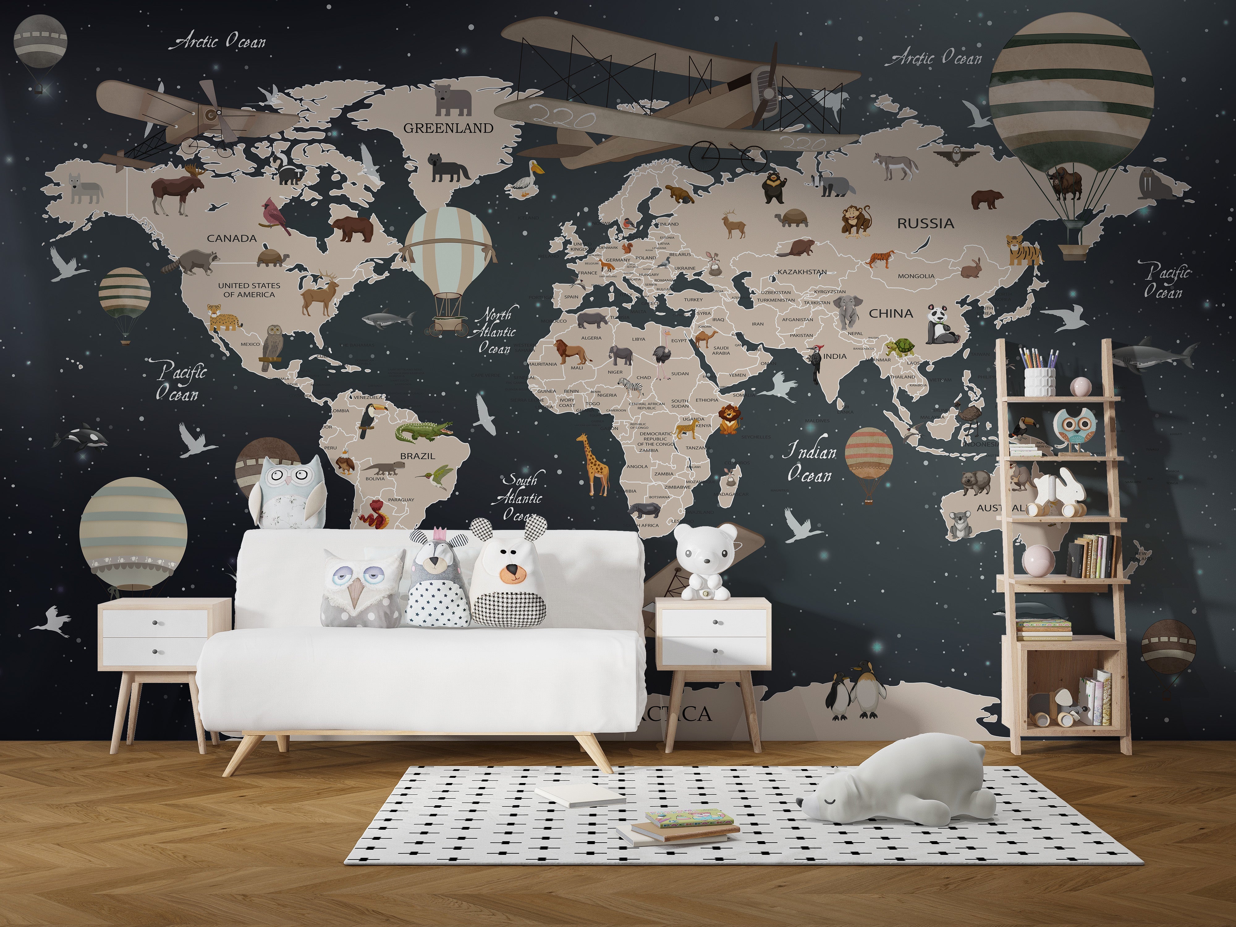 Animals world map wallpaper mural - Giffywalls