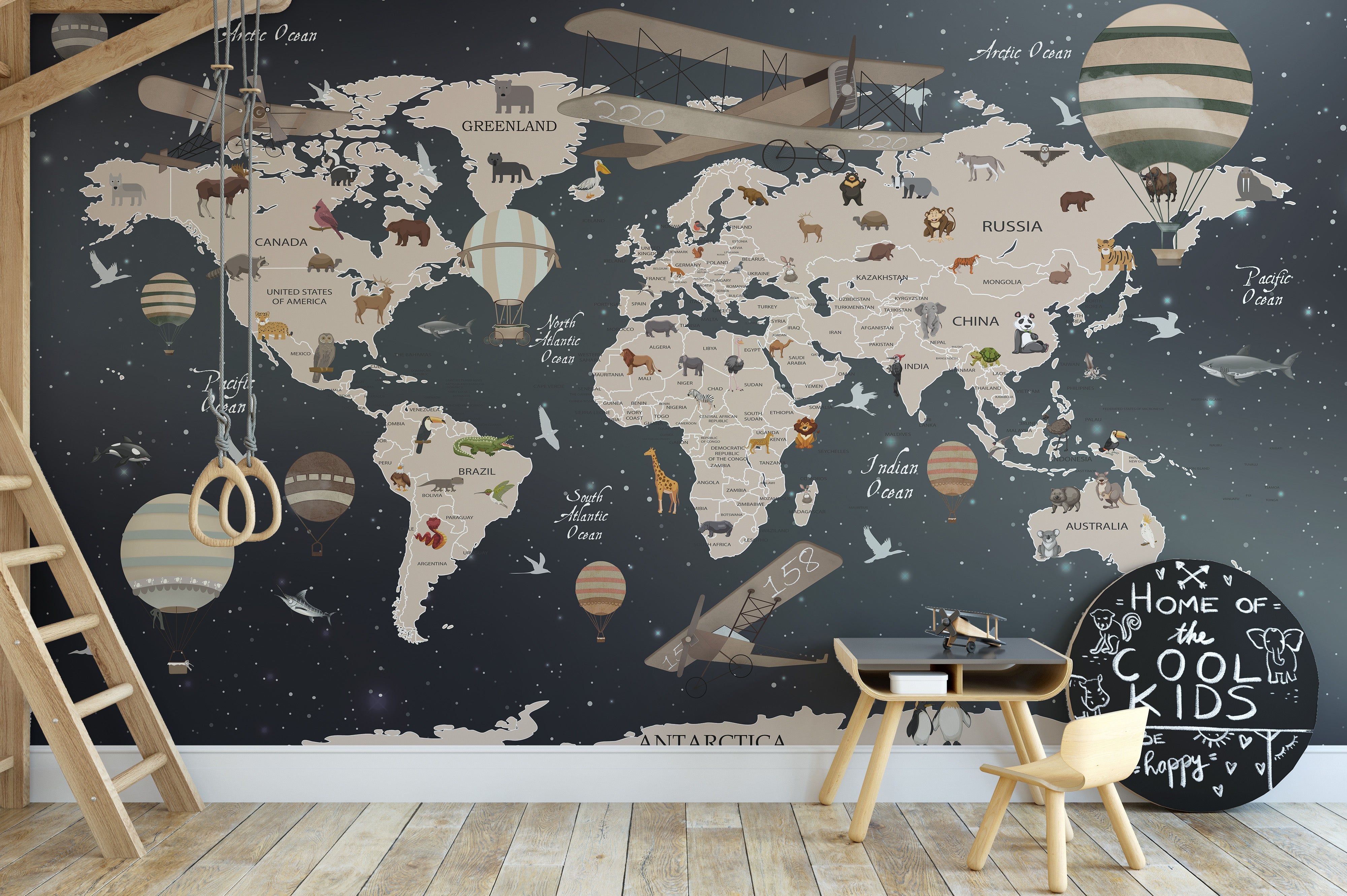 Animals world map wallpaper mural - Giffywalls