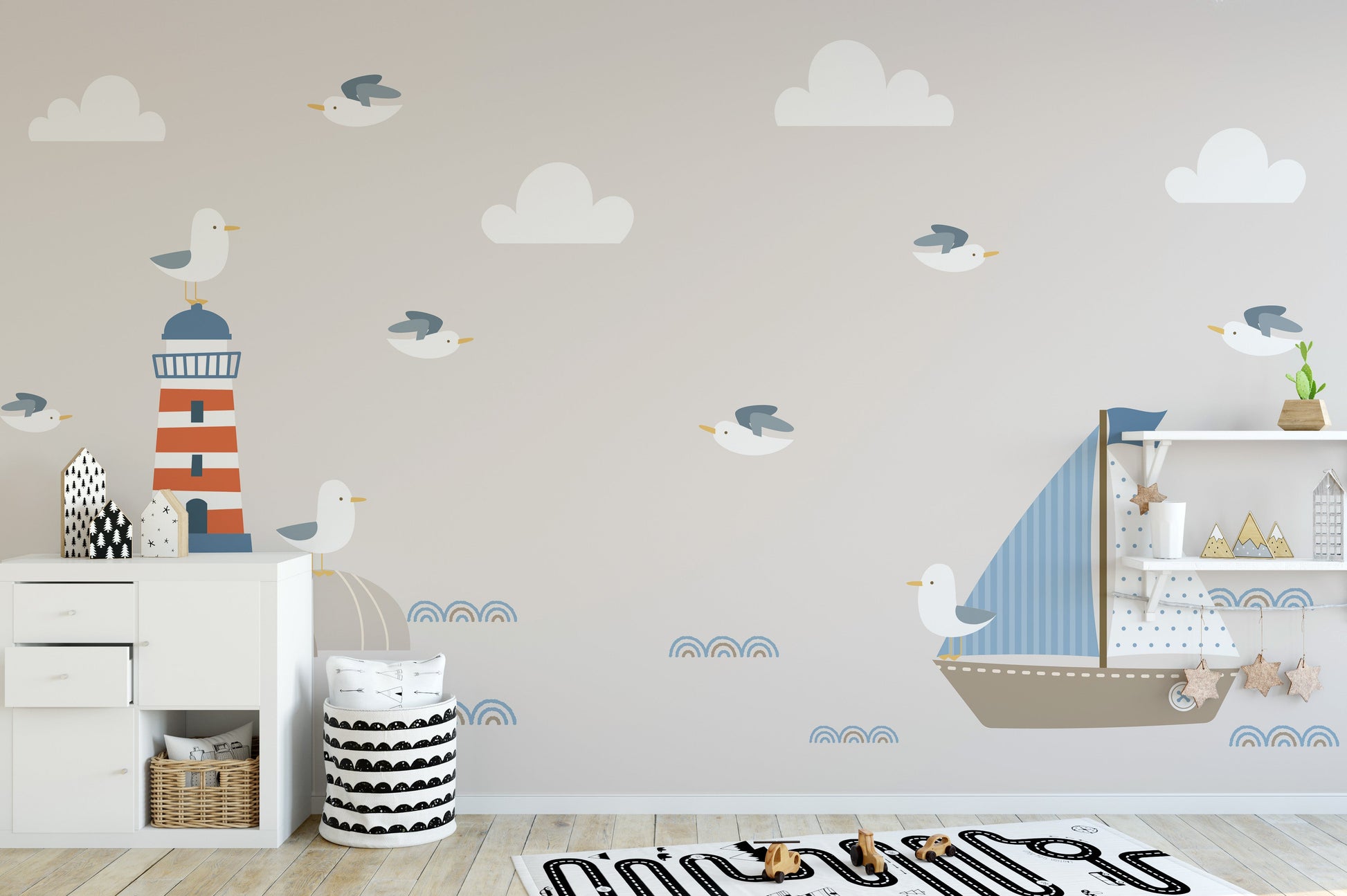 Summer Design Lighthouse Sailboat Cartoon Style Wallpaper Murals - Giffywalls