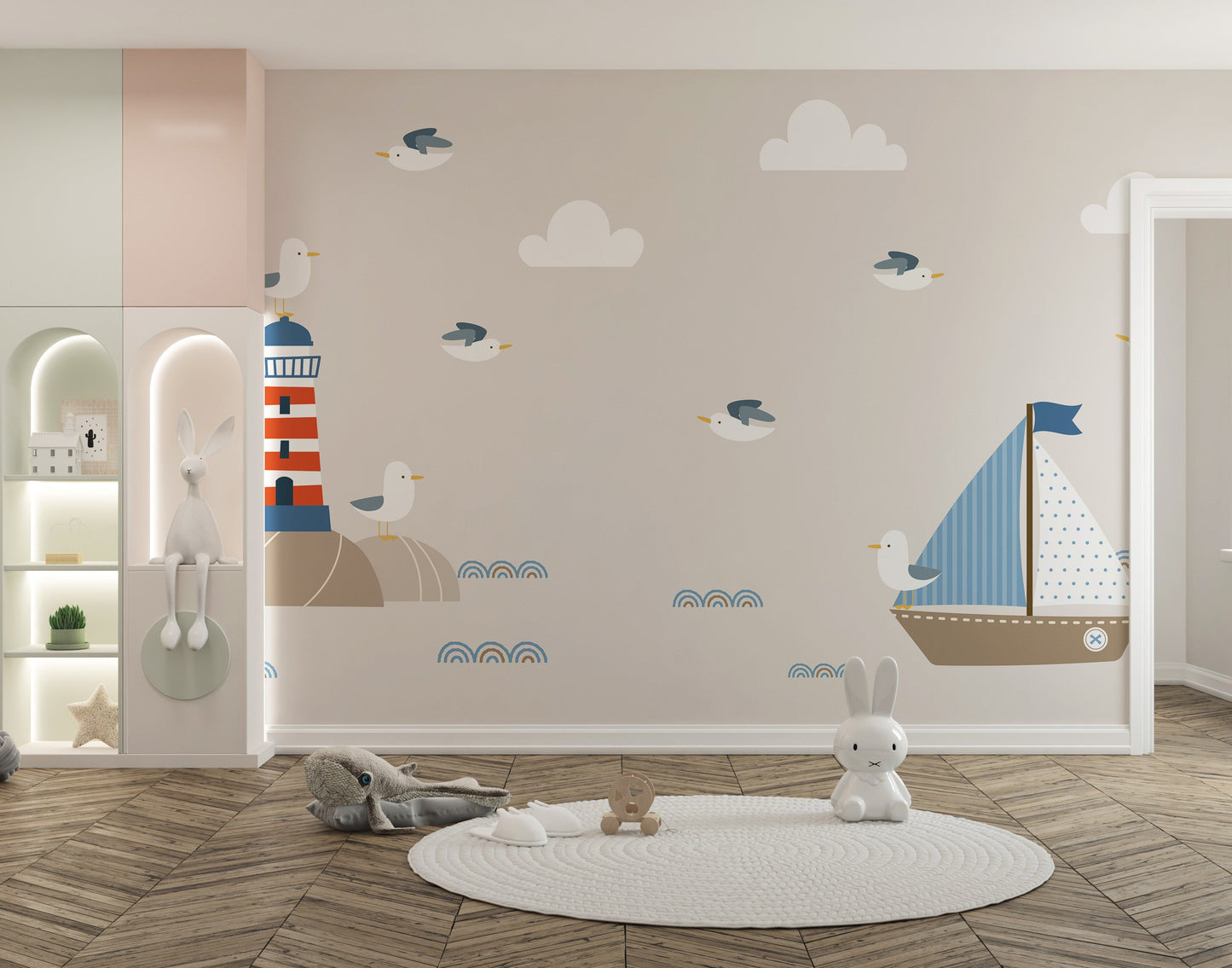 Summer Design Lighthouse Sailboat Cartoon Style Wallpaper Murals - Giffywalls