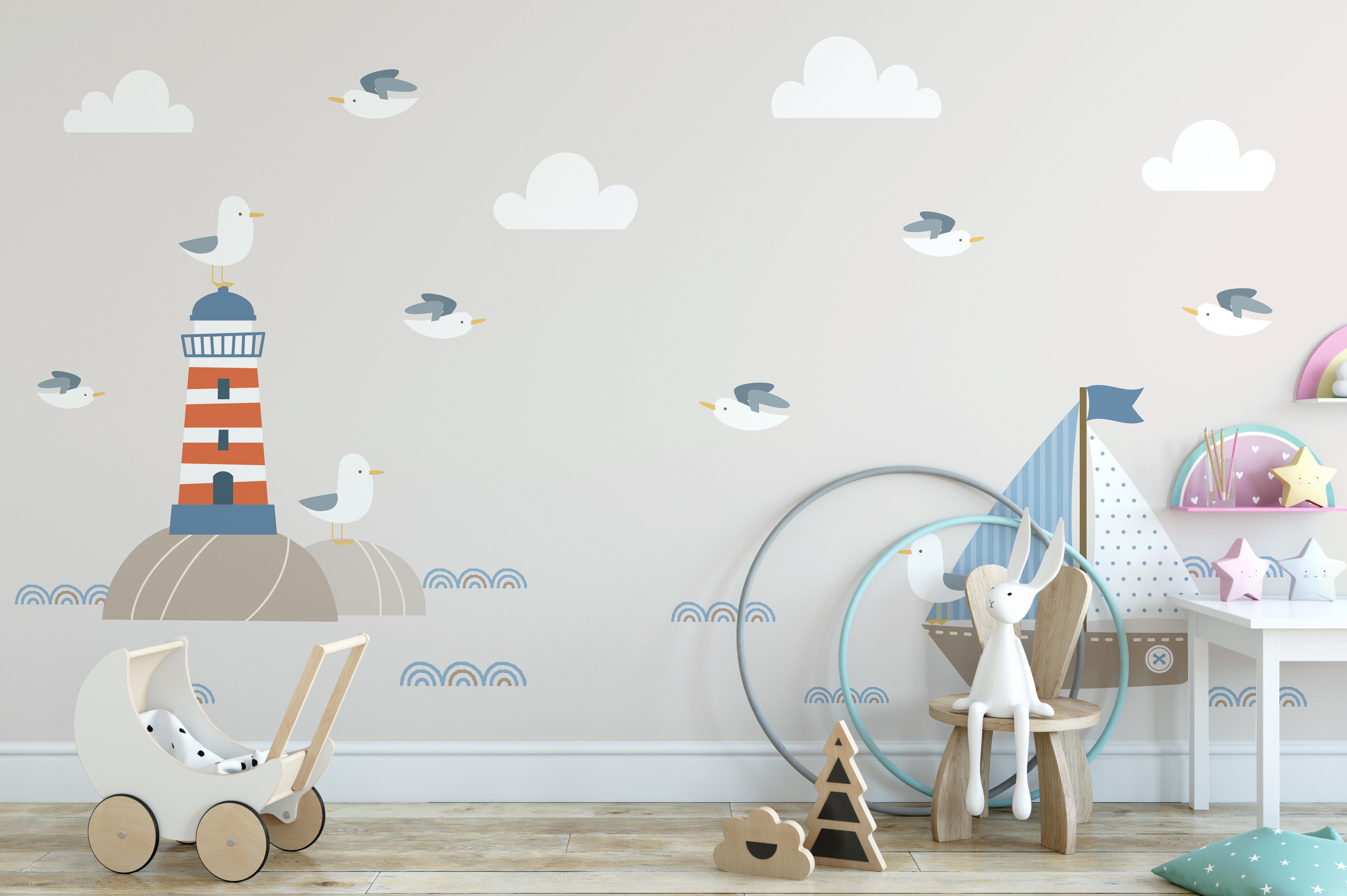 Summer Design Lighthouse Sailboat Cartoon Style Wallpaper Murals - Giffywalls