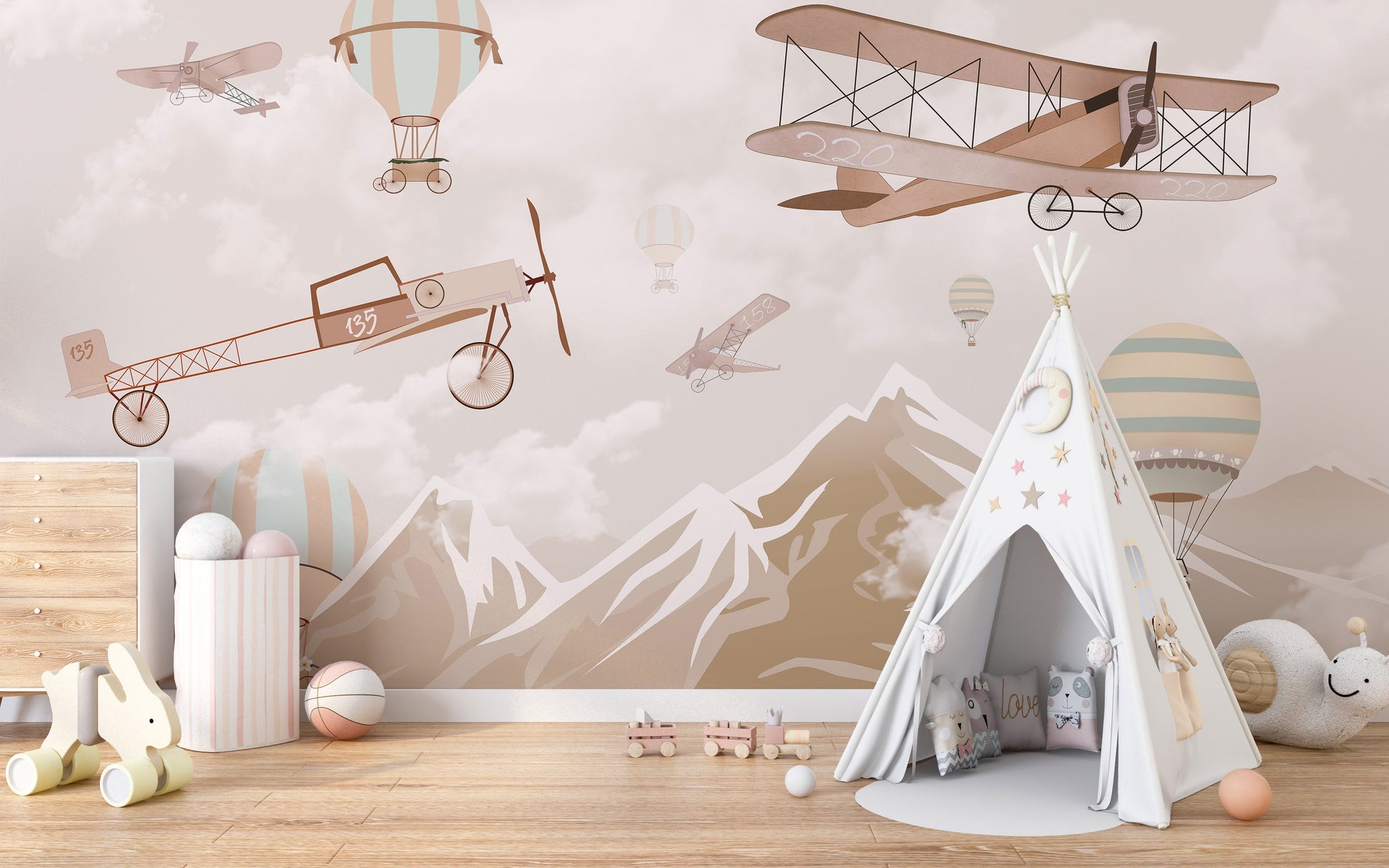 Adventure-inspired mural with biplanes