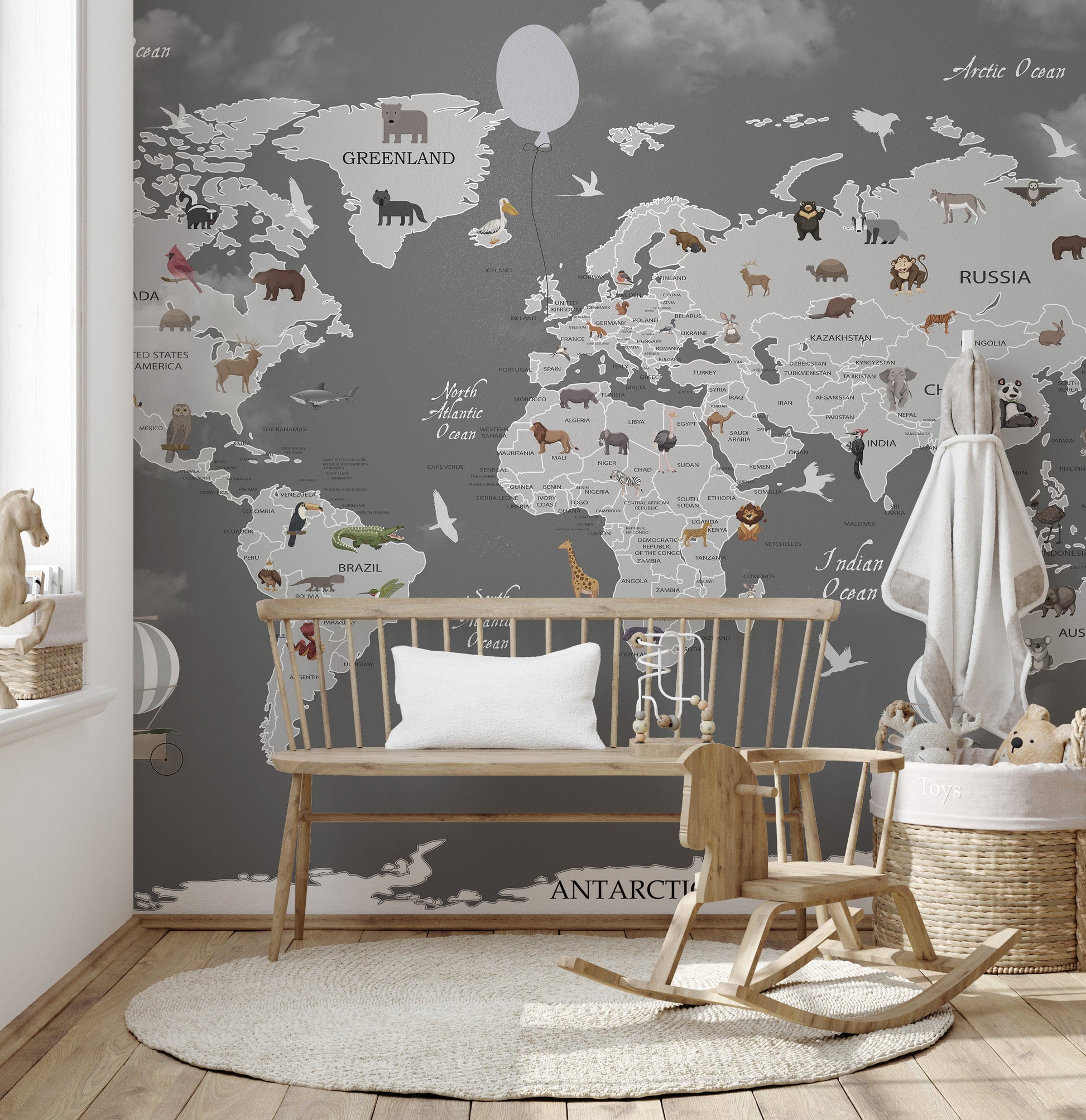 World map wallpaper with animals for kids