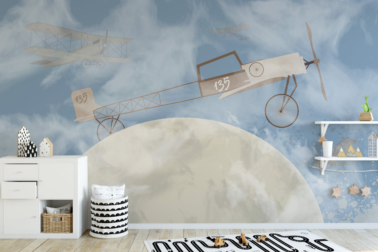 Vintage biplanes soaring on mural wallpaper