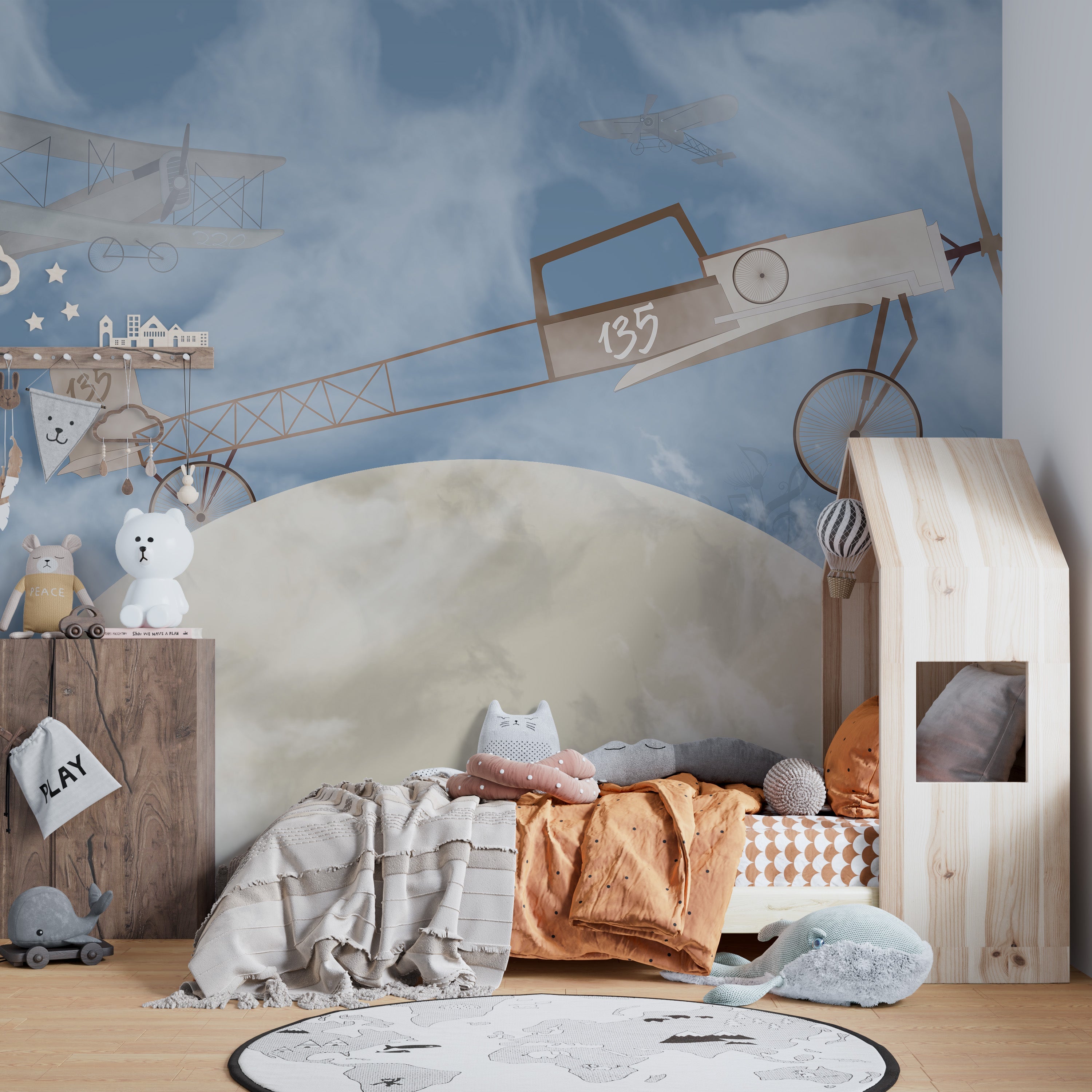 Retro biplanes on celestial wallpaper