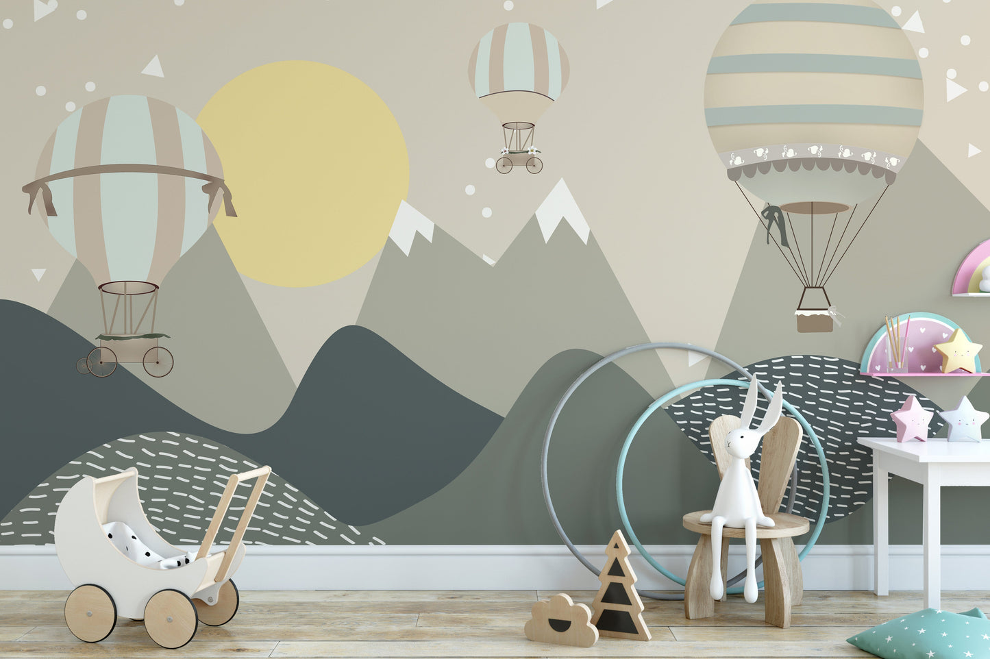 Playful mountain and balloon wallpaper