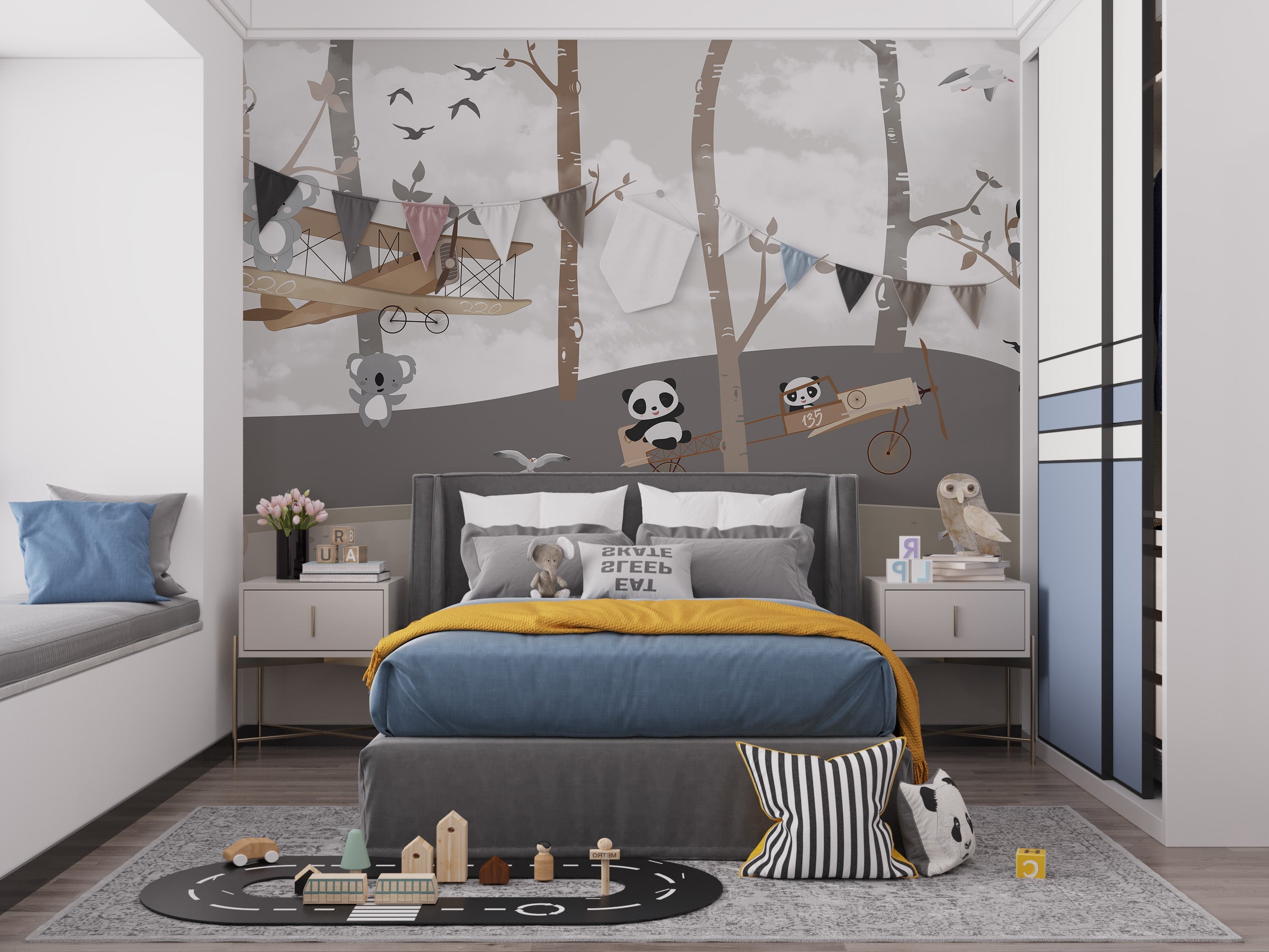 Playful panda and koala-themed children mural