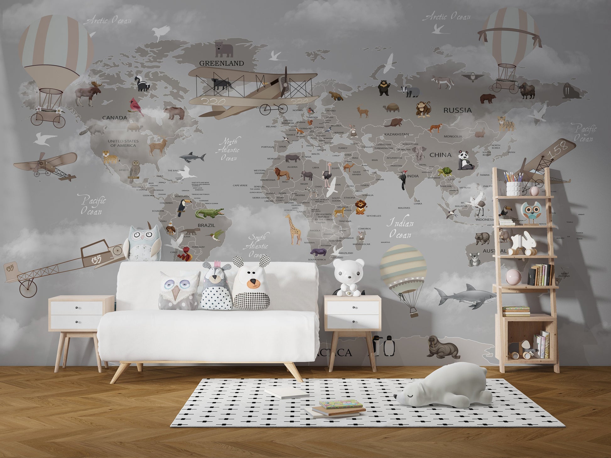 Gray World Map Kids Room Wallpaper - Giffywalls