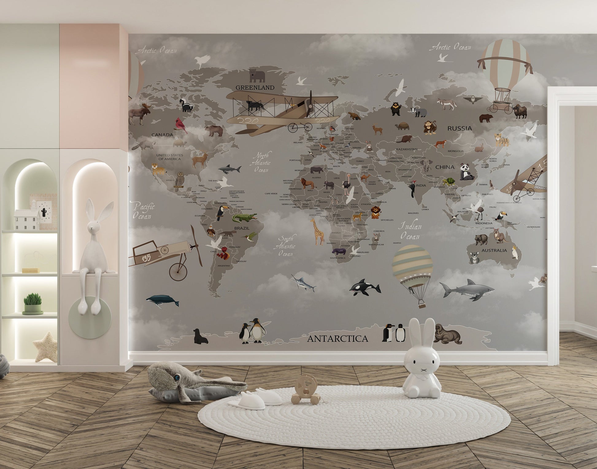 Gray World Map Kids Room Wallpaper - Giffywalls