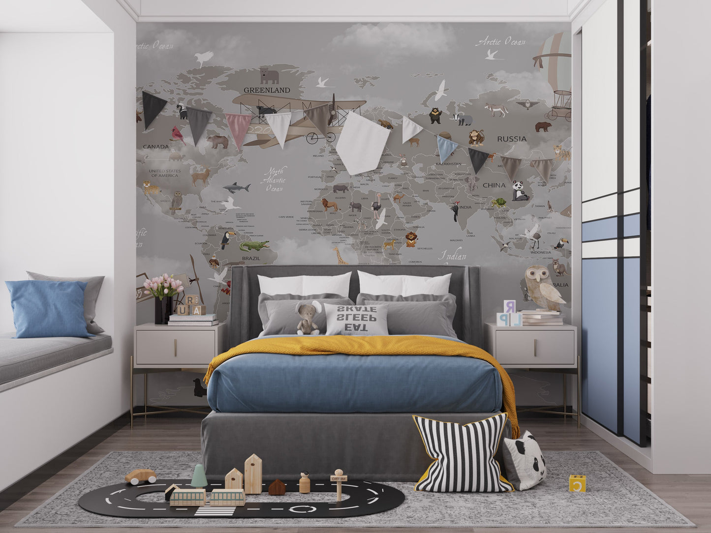 Gray world map mural with playful animal 