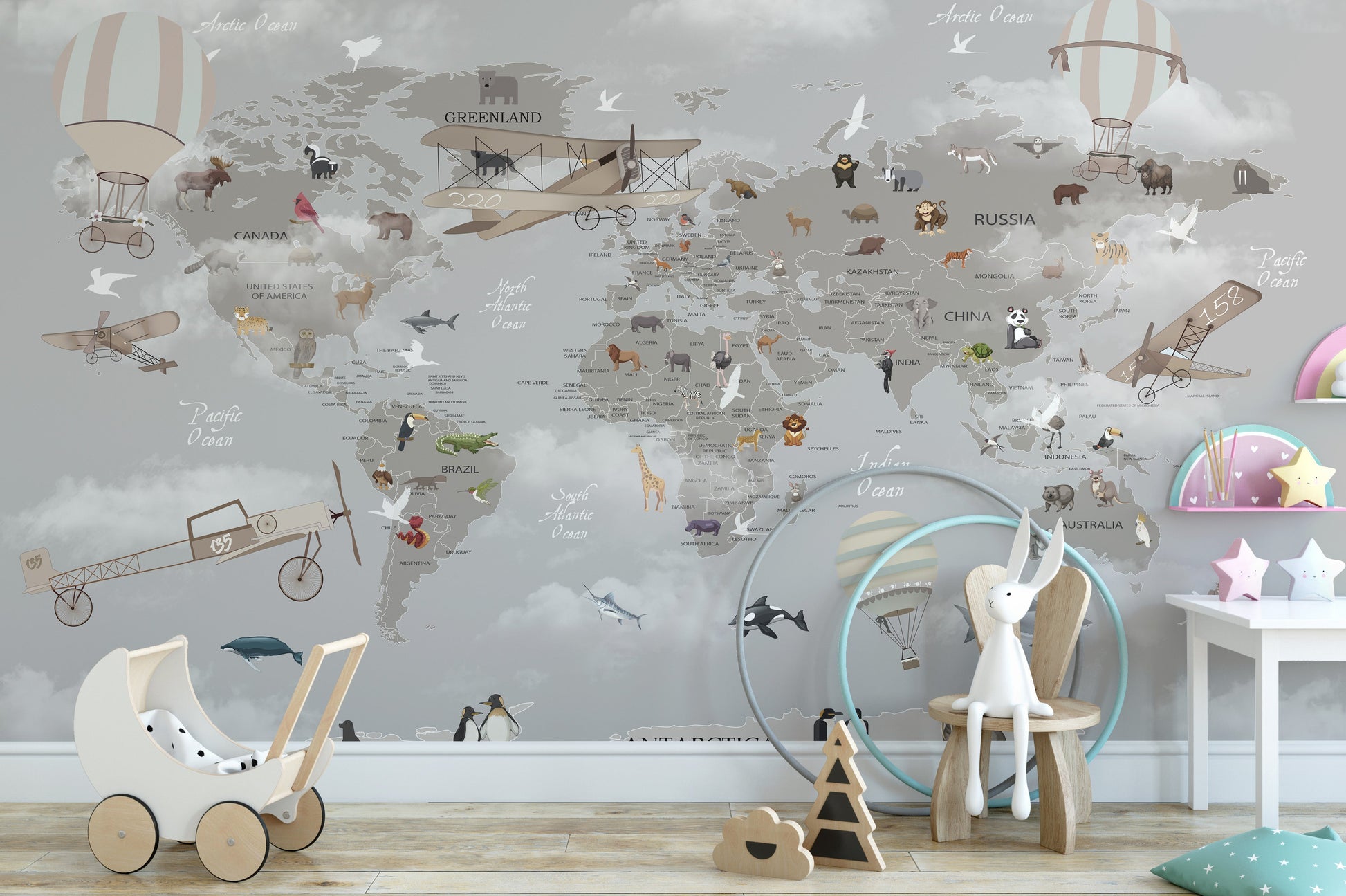 Adventure-themed gray wallpaper with animals