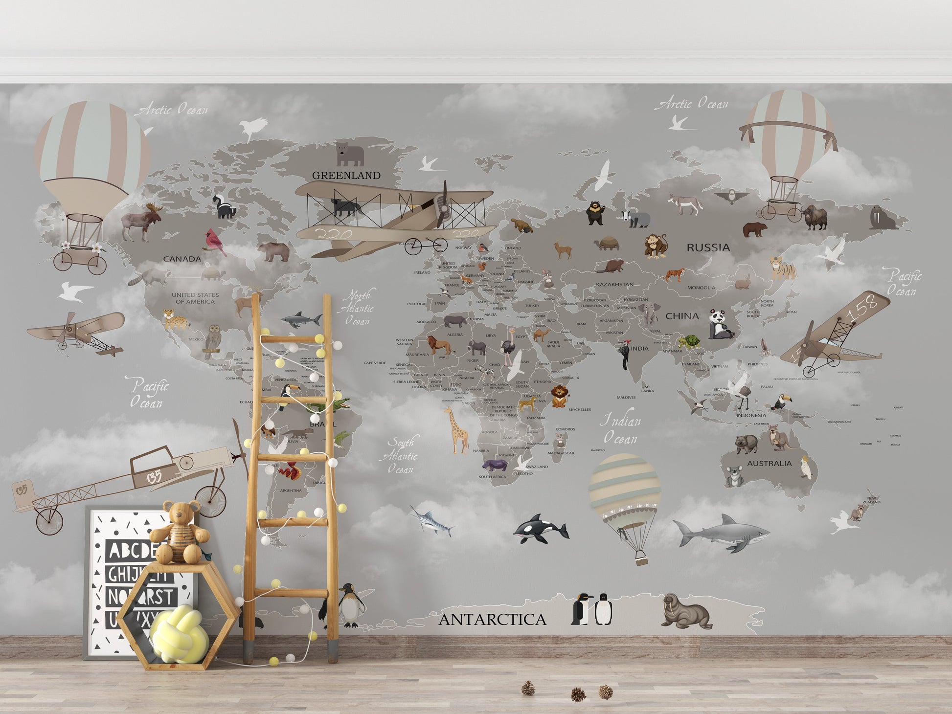 Gray World Map Kids Room Wallpaper - Giffywalls