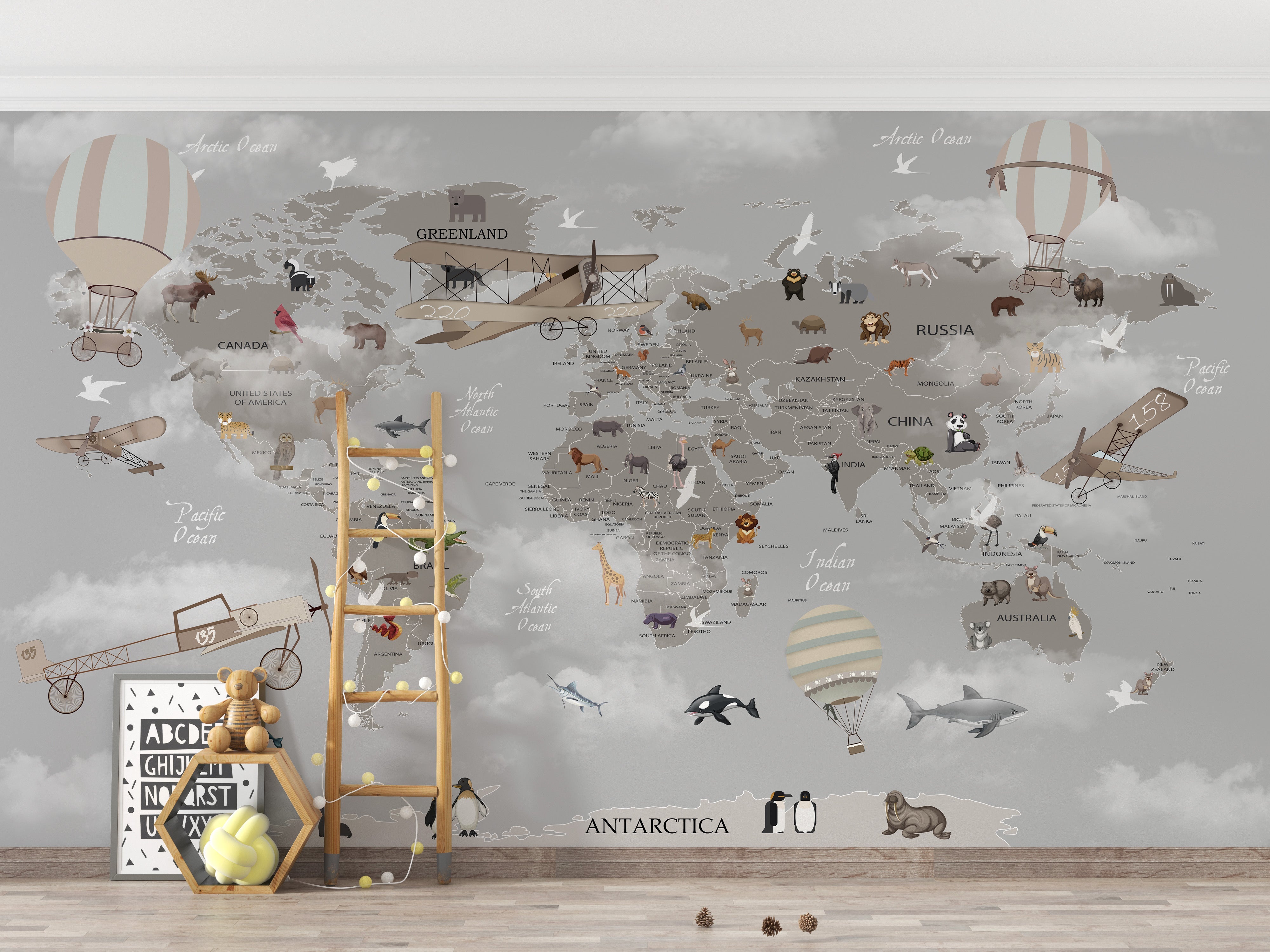 Gray World Map Kids Room Wallpaper - Giffywalls