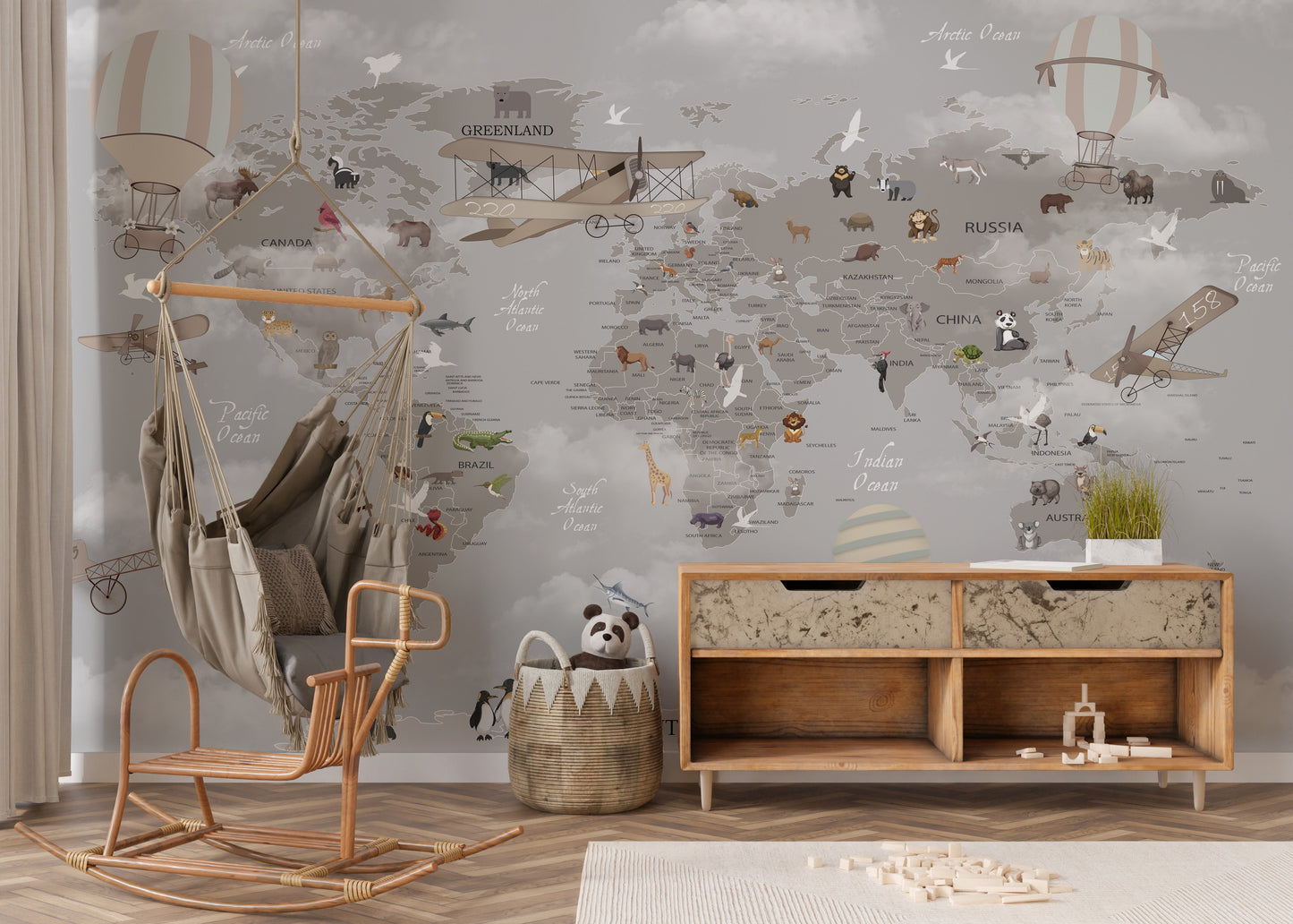 Gray World Map Kids Room Wallpaper - Giffywalls