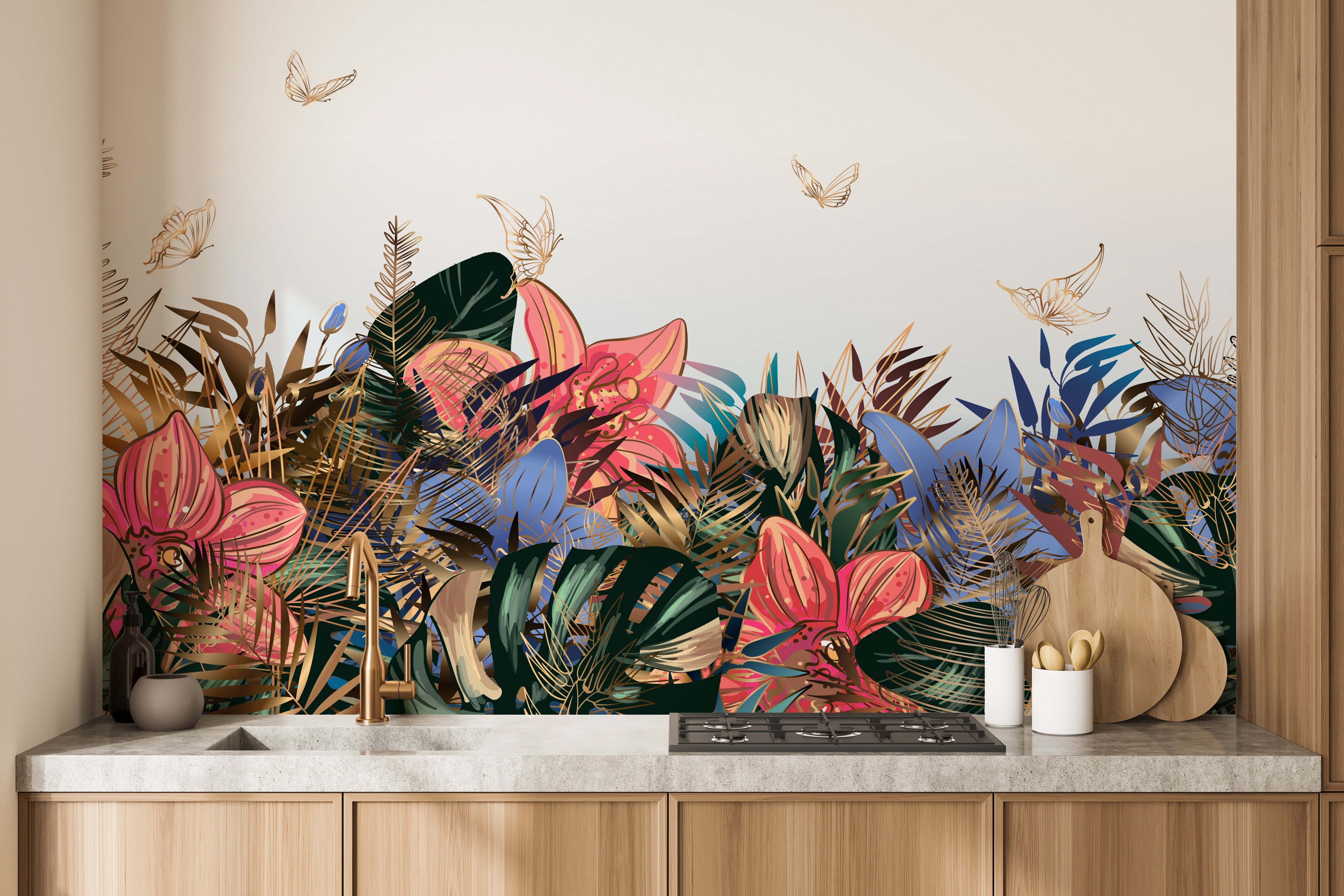 Tropical Leaves Green & Gold Wallpaper Murals - Giffywalls