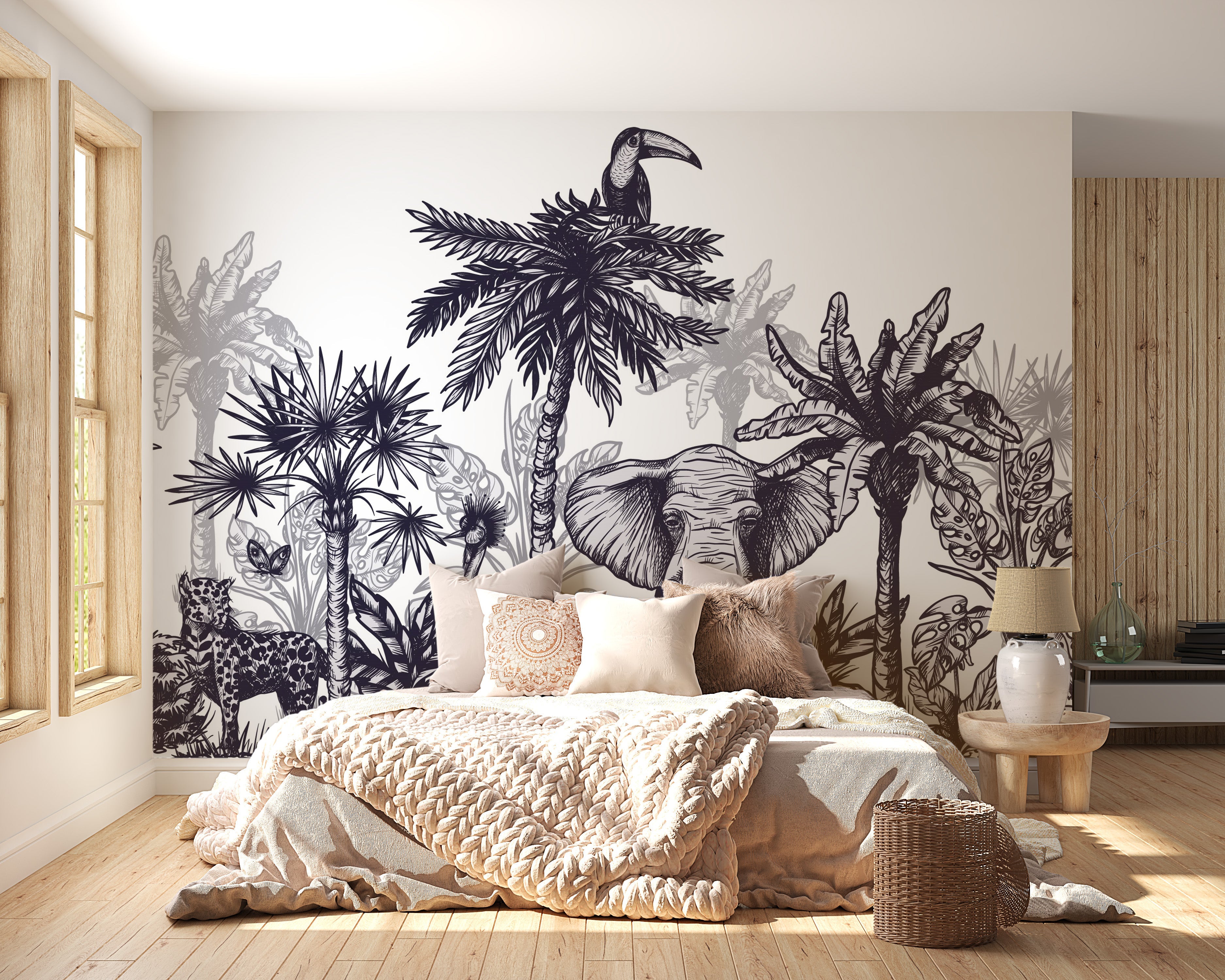 Monochrome mural with exotic animal scenes