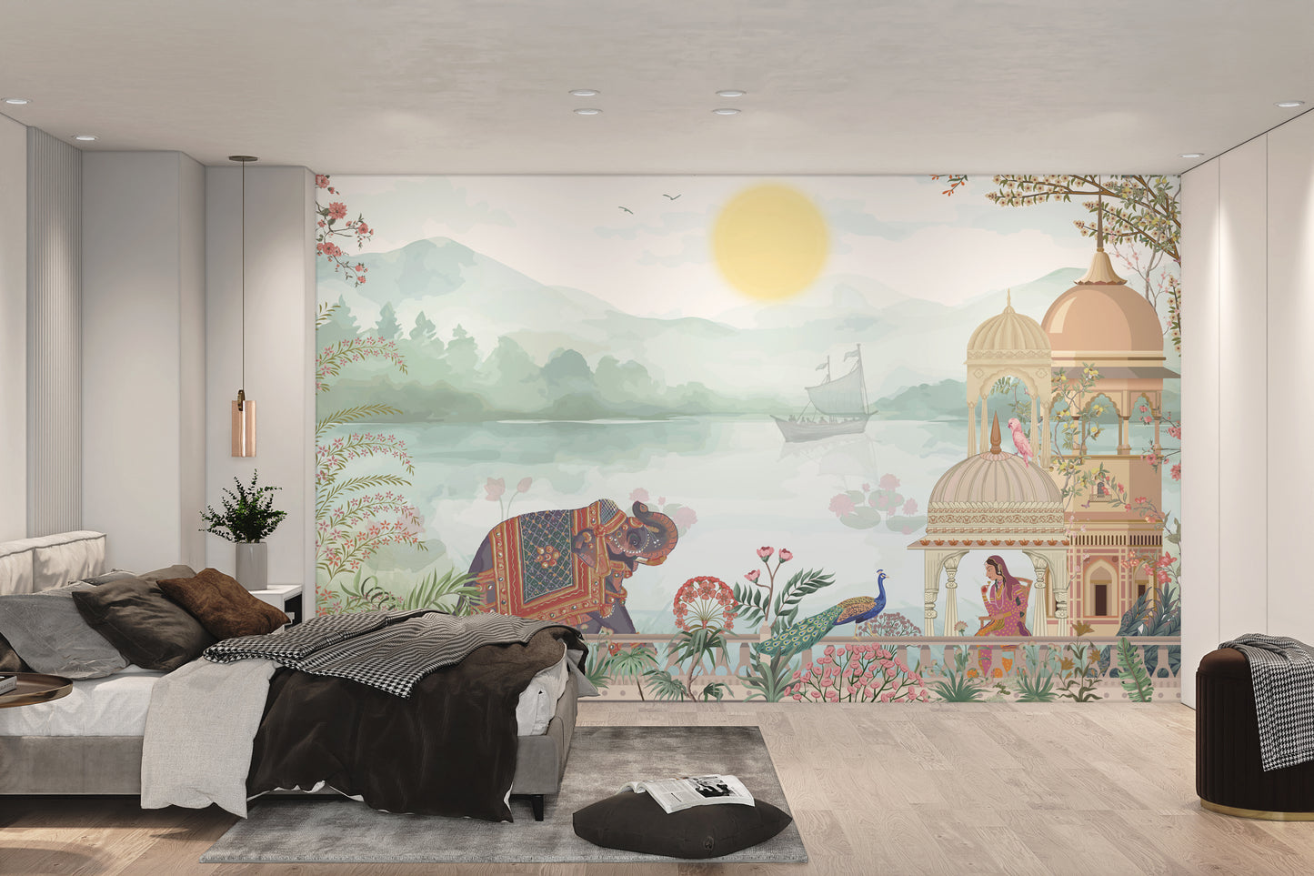 Intricate Indian garden-inspired mural with cultural motifs and vibrant designs.