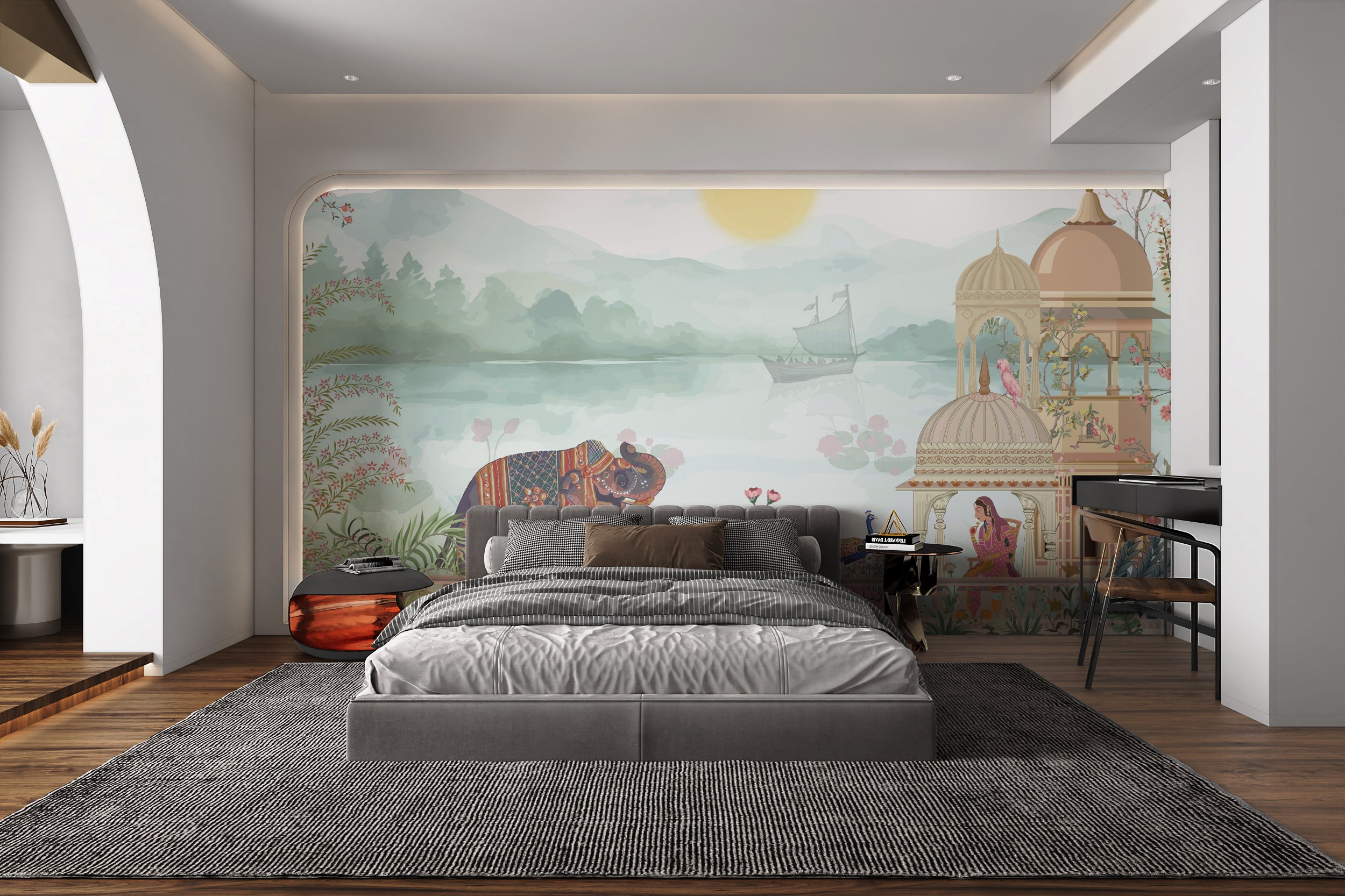 Indian heritage wallpaper mural featuring a garden scene with an elephant.