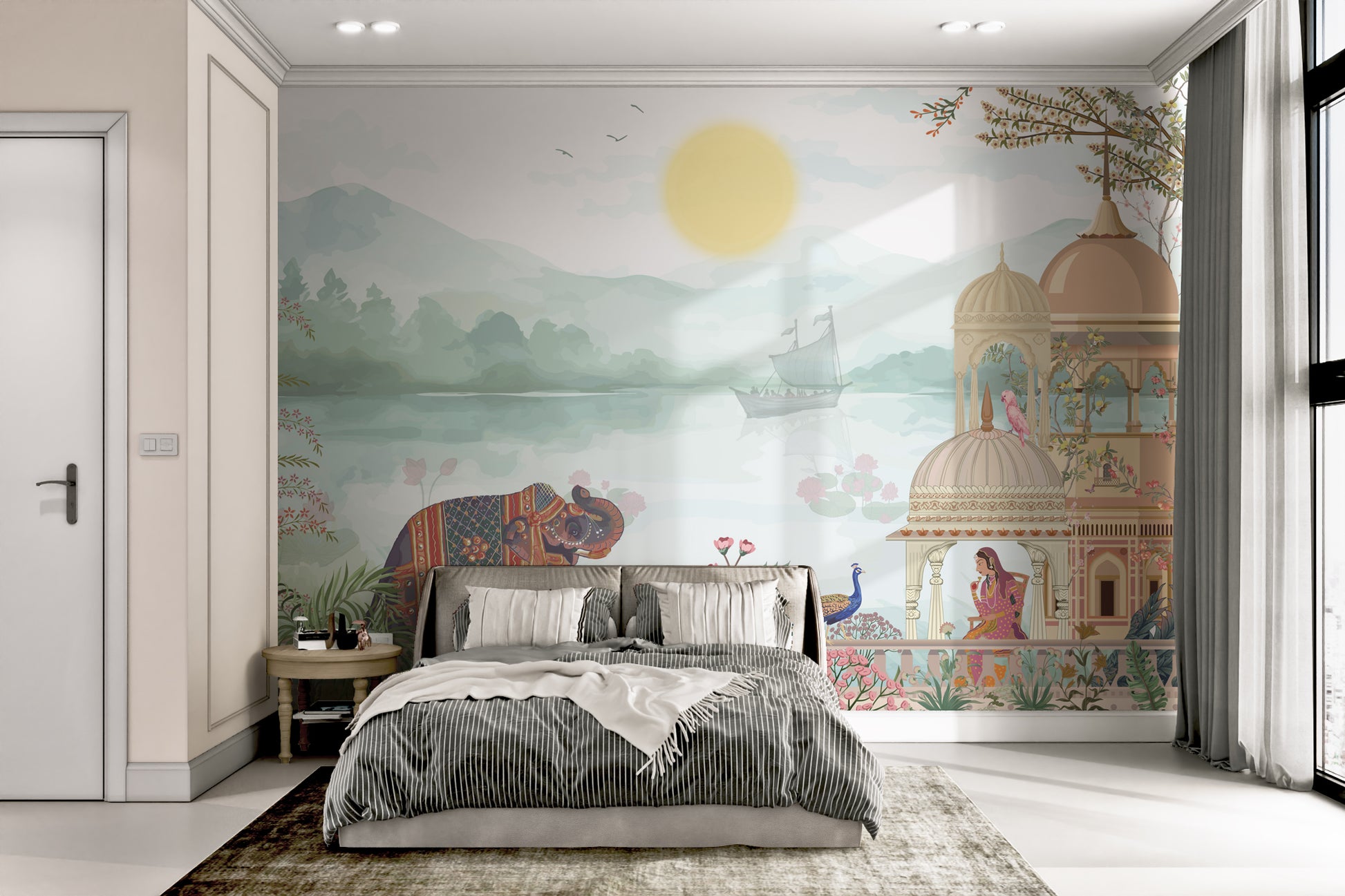 Elegant wallpaper mural featuring Indian garden elements and an adorned elephant.