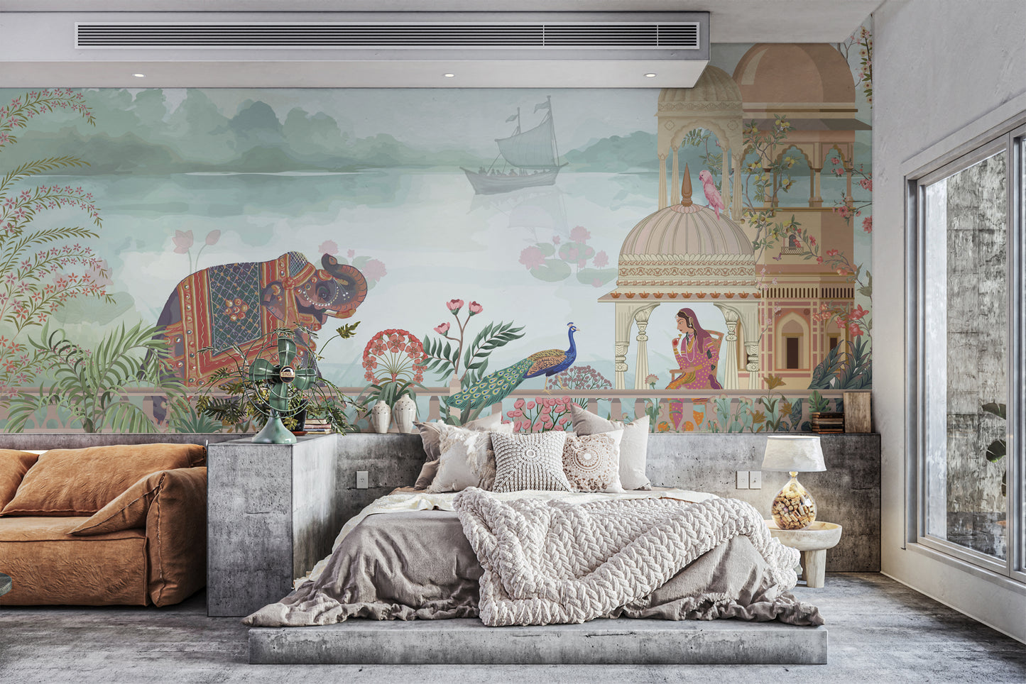 Vibrant Indian-themed mural with lush greenery and heritage architecture.